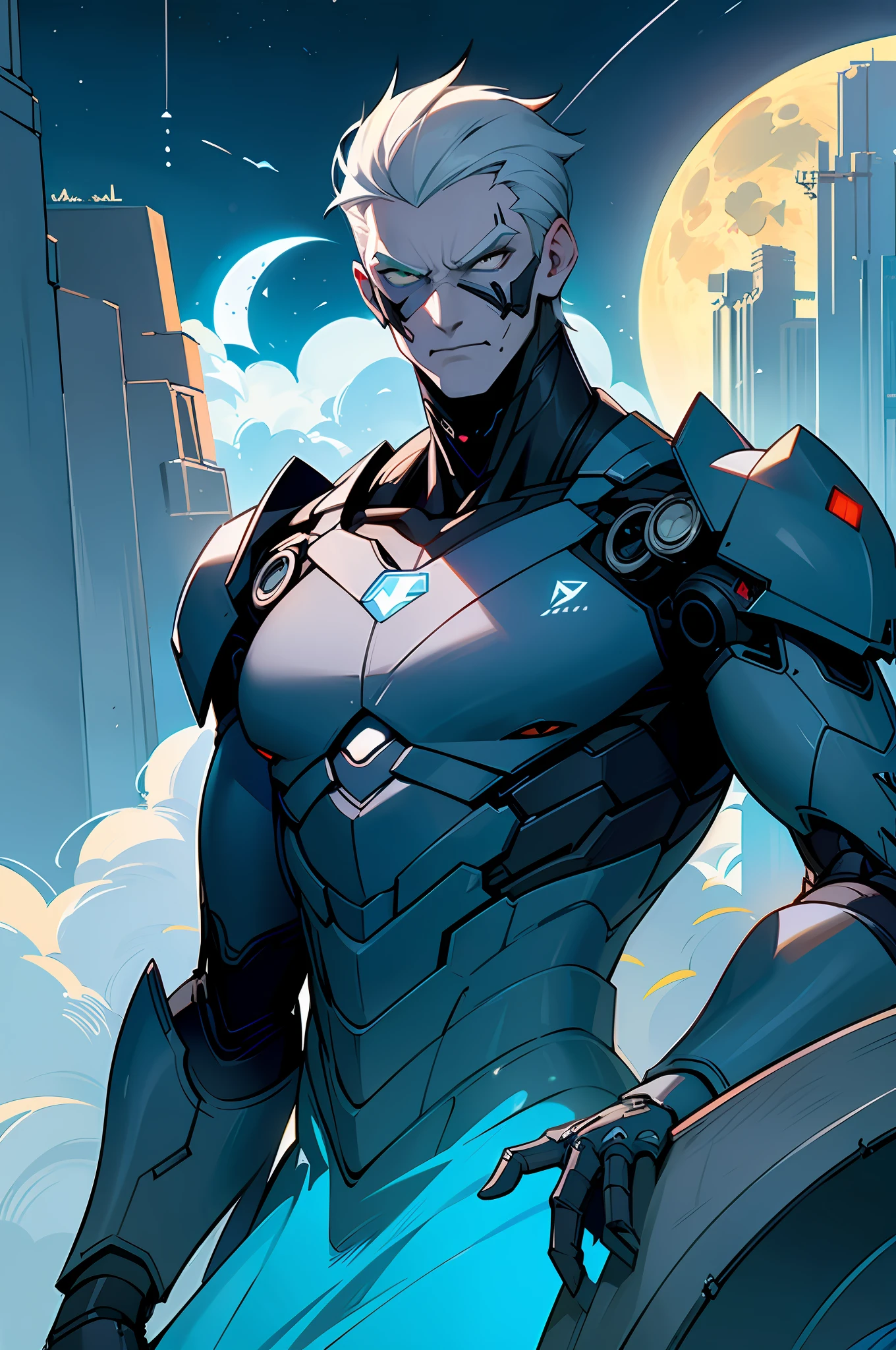 (Different Face expressions) masterpiece, best quality, detailed cyborg anti hero man, with alligator characterlistics build through AI sky, cloudy_sky, building, moonlight, moon, night, (dark theme:1.3), light, fantasy