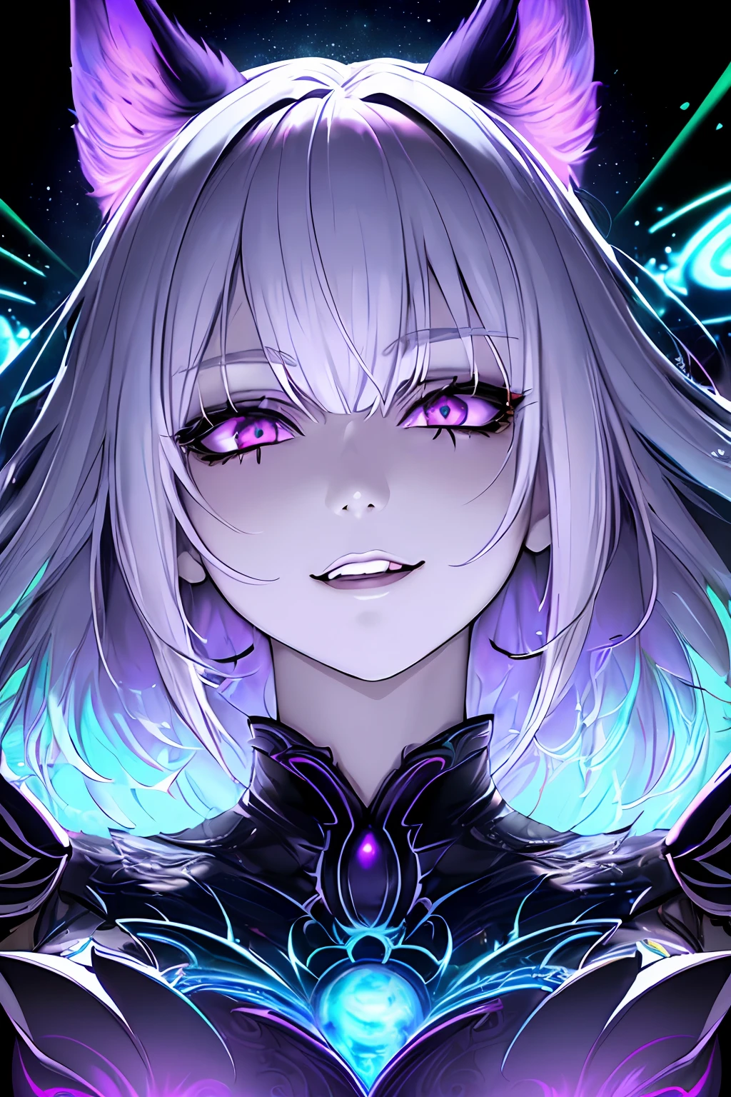 1woman, looking at viewer, ((Multiverse Goddess of Monsters)), Female, (Evil Goddess), evil face, Devilish Smile, (cat ears), ((purple eyes)), (short hair, beautiful hair and lush, silver hair, white hair), Goddess Long Dress, Thin, medium breasts, slim waist, Dark Fantasy, destruction, (((psychedelic art, ultra detailed, ultra realistic face, cinematic, best quality, harsh lighting, + ++++))), splash art 500, Chaos 750, galaxy, stars, planets in background, psychedelic colors, ((color blast))