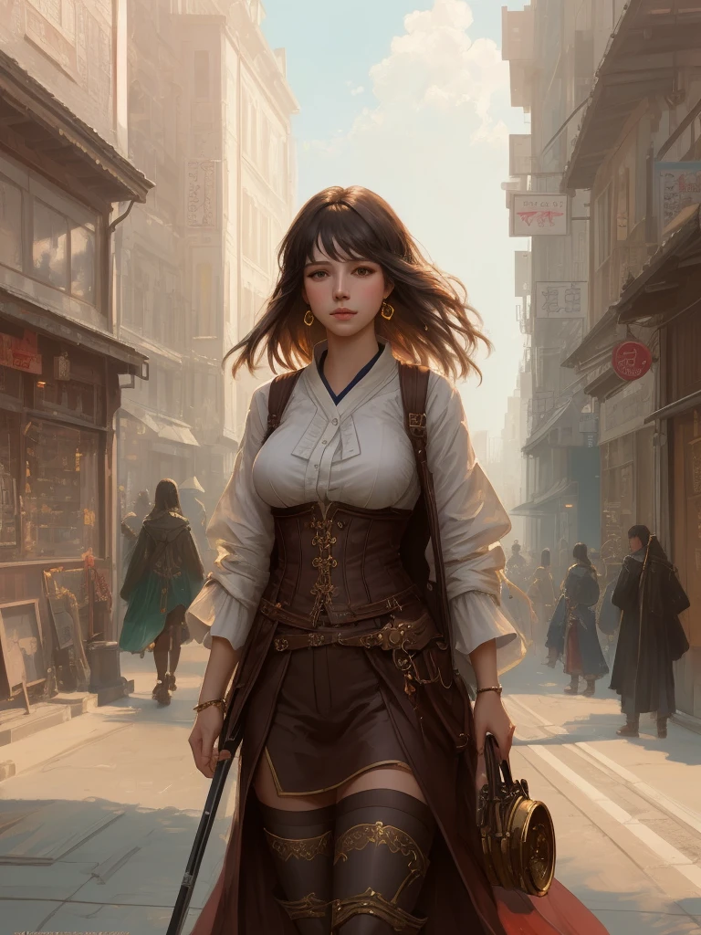 modelshoot style, (extremely detailed CG unity 8k wallpaper), full shot body photo of the most beautiful artwork in the world, stunningly beautiful photo realistic cute young lady in most urban outfit, big breast, professional majestic oil painting by Ed Blinkey, Atey Ghailan, Studio Ghibli, by Jeremy Mann, Greg Manchess, Antonio Moro, trending on ArtStation, trending on CGSociety, Intricate, High Detail, Sharp focus, dramatic, photorealistic painting art by midjourney and greg rutkowski