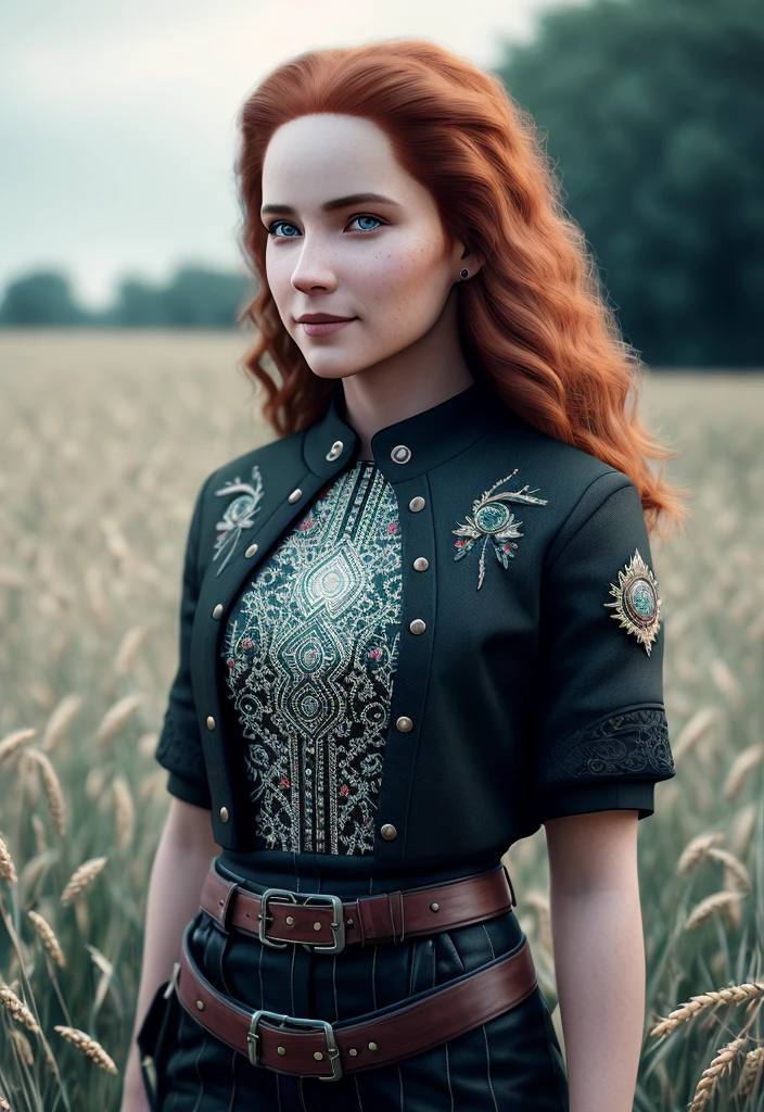 ultra hyper realistic award winning full body photo of a single caucasian American female, full body, 38 yo, beautiful face, posing, smile, very long red hair, cinematic, fine details, 8k, dark shot, soft volumetric lights, backlit, cinematic, intricate details, ArtStation cell shading, digital art, bloom, dark and gloomy full body 8k unity render, female teen, short hair, wearing traditional Texas clothing, porcelain cracked skin, skin pores, detailed intricate iris, very dark lighting, heavy shadows, detailed, detailed face, (vibrant, dramatic, dark, sharp focus, 8k) standing in a field of wheat