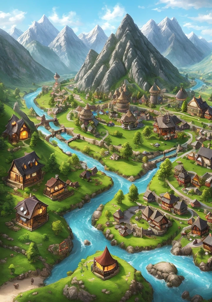 Fantasy village on foothills of mountain and river flowing on the side