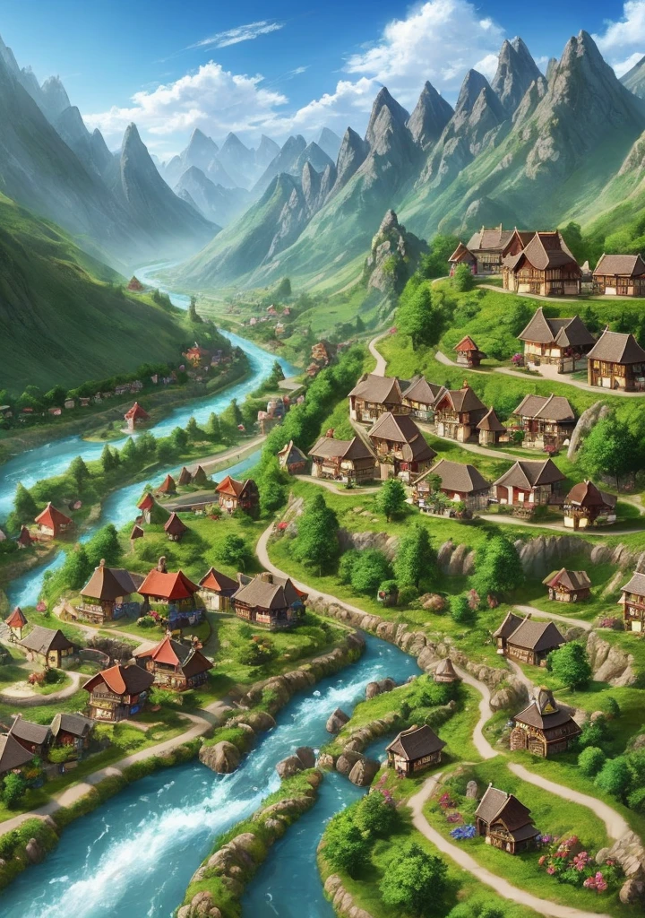 Fantasy village on foothills of mountain and river flowing on the side, with few houses