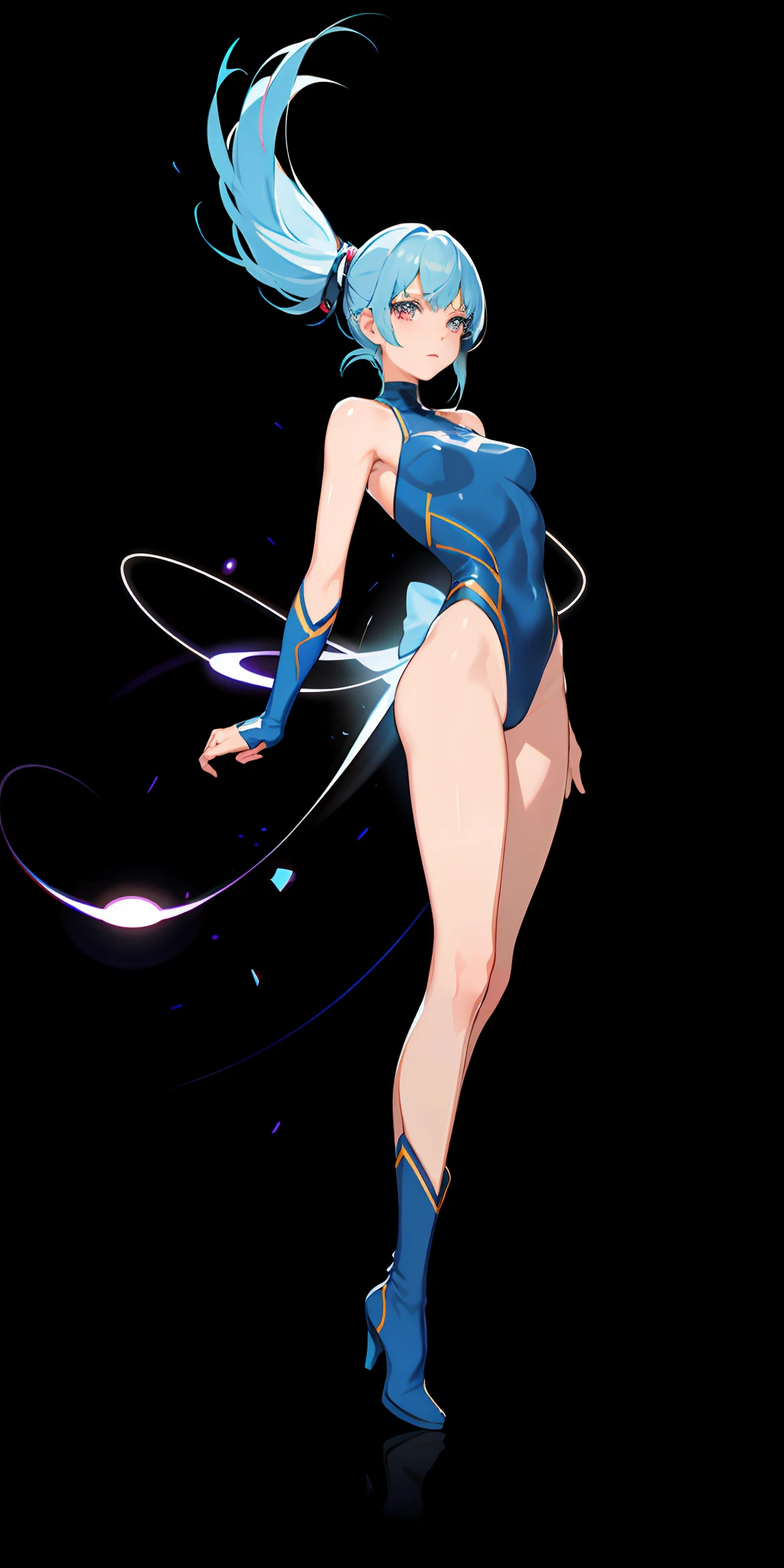 upper body, 1girl, superhero, leotard, bare legs, boots, matching boots, medium breasts, light particles, aura, blue aura, stand, standing, highleg, space backdrop,