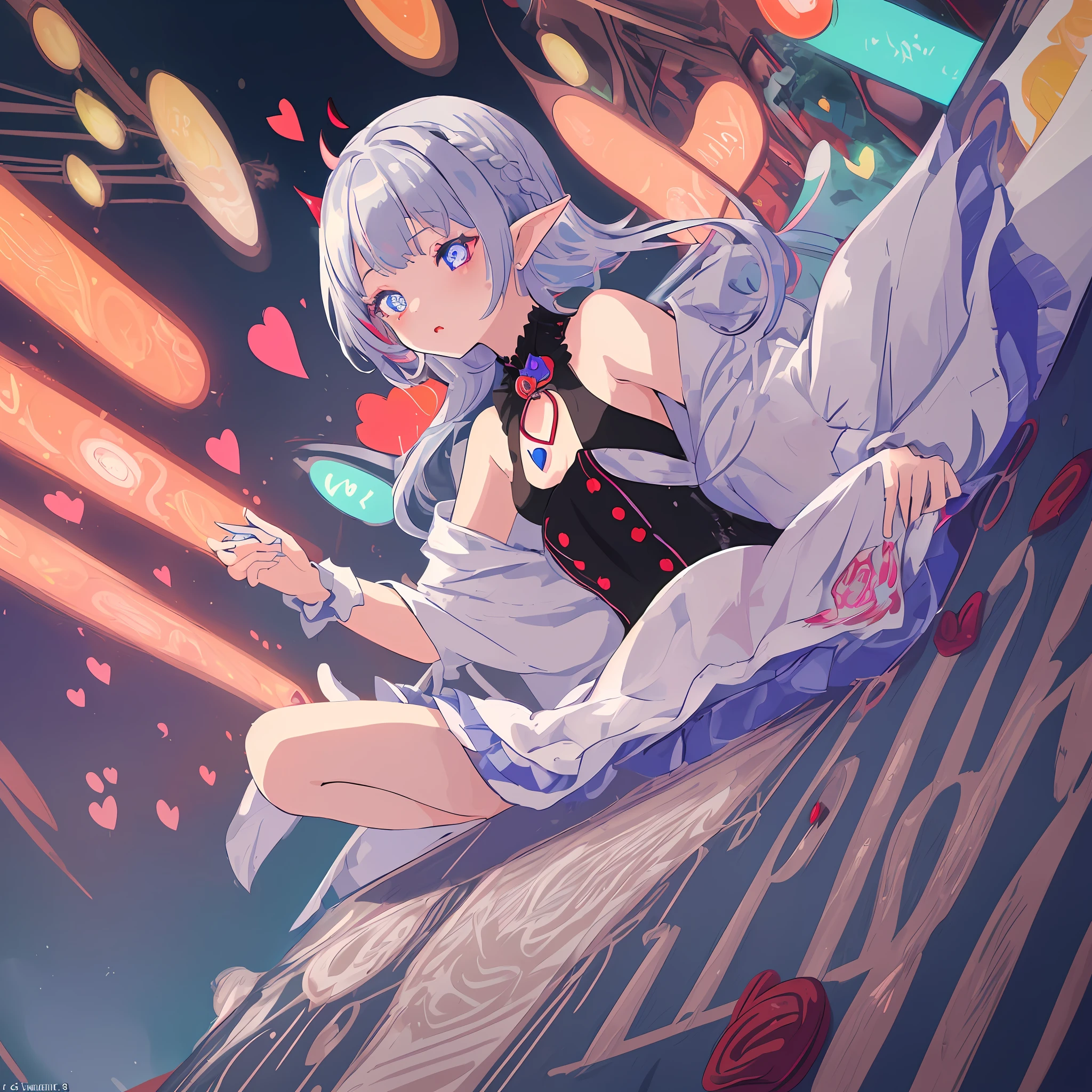 ((masterpiece, best)), 1girl, (mature woman: 1.4), 130mm f1.4 lens, 1girl, solo, pointed ears, heart-shaped pupils, micro skirt, looking down, demon girl, flat chest, demon wings, saturated, colorful , colorful hair, silver hair, blue hair, colorful eyes