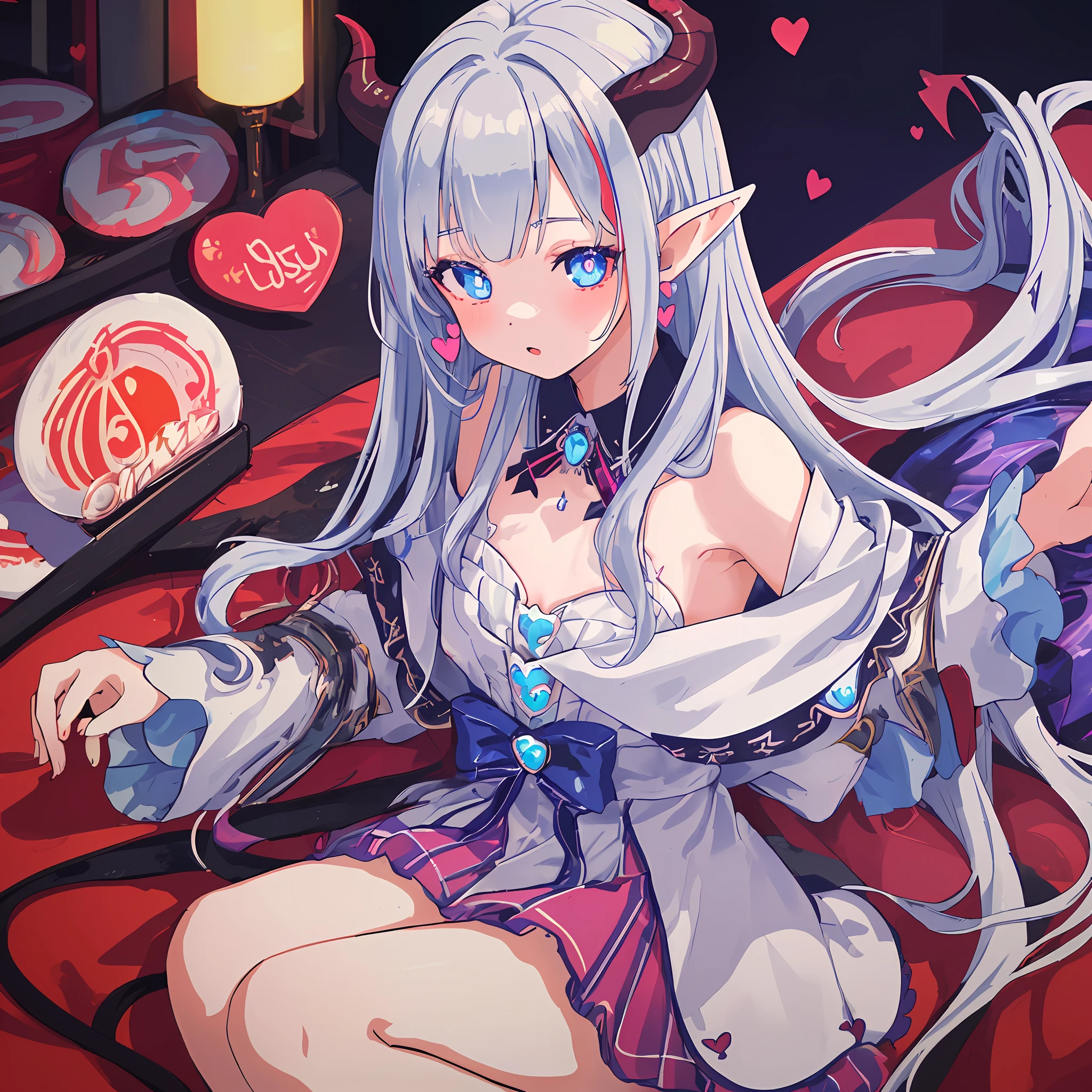 ((masterpiece, best)), 1girl, (mature woman: 1.4), 130mm f1.4 lens, 1girl, solo, pointed ears, heart-shaped pupils, micro skirt, looking down, demon girl, flat chest, demon wings, saturated, colorful , colorful hair, silver hair, blue hair, colorful eyes