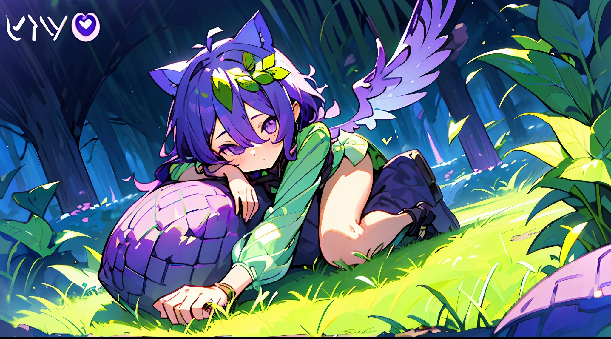 1girl, ((heart shaped leaves, purple_yam, winged_yam, ube,)) (full body, leaf, garden, plant, plant girl,) teal eyes, cat cat ears, sweet beautiful woman, glowing wings, ((( purple hair, green streaks in hair, hair over one eye,)) ((masterpiece))), colorful, (extremely detailed CG unity 8k wallpaper), (masterpiece), (best quality), (ultra-detailed), (best illustration),(best shadow),