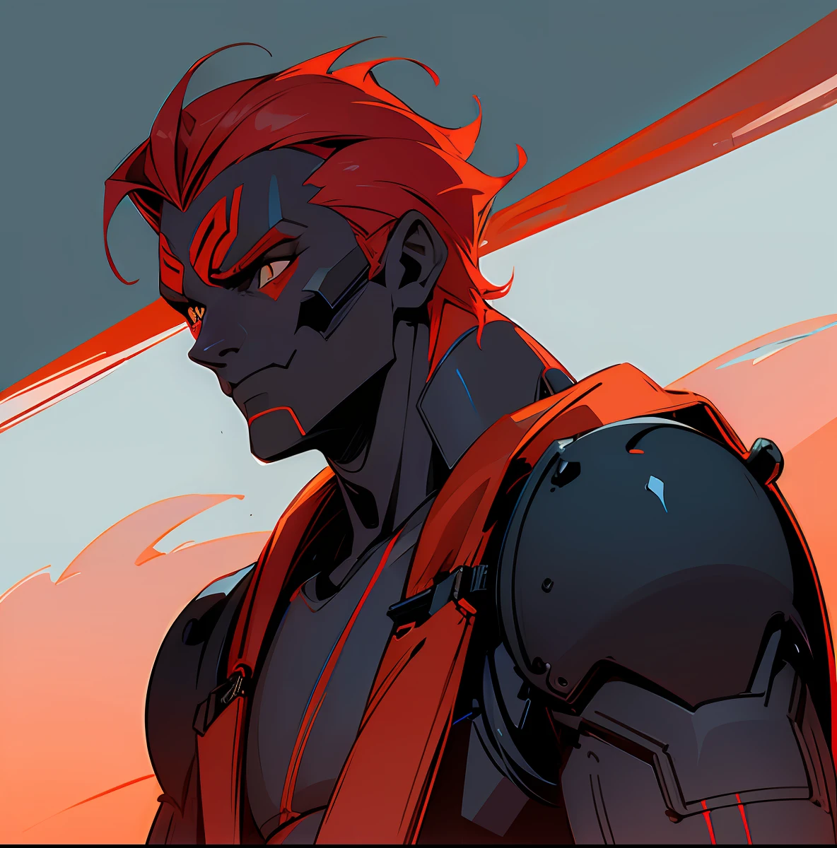 Red, inferno themed, masterpiece, best quality, detailed cyborg villian man with hippo characterlistics build through AI sky, sun . night, (dark theme:1.3), light, fantasy.