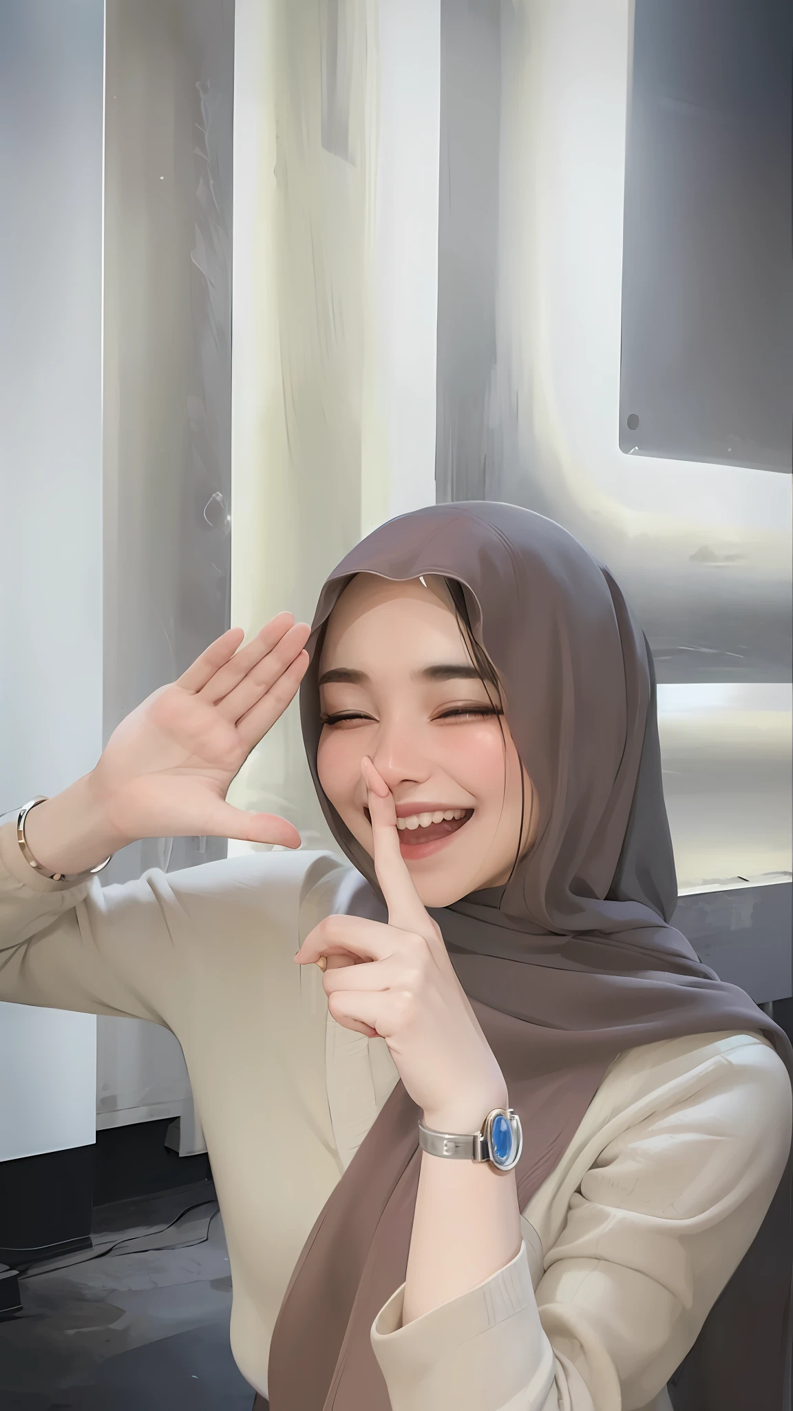 woman wearing a hijab making a gesture with her finger, dilraba dilmurat, shy smile, with cute - fine - face, hand on cheek, ruan cute vtuber, slight cute smile, she has a cute face, cute woman, portait photo profile picture, with kind face, with index finger, lovely smile, middle finger
