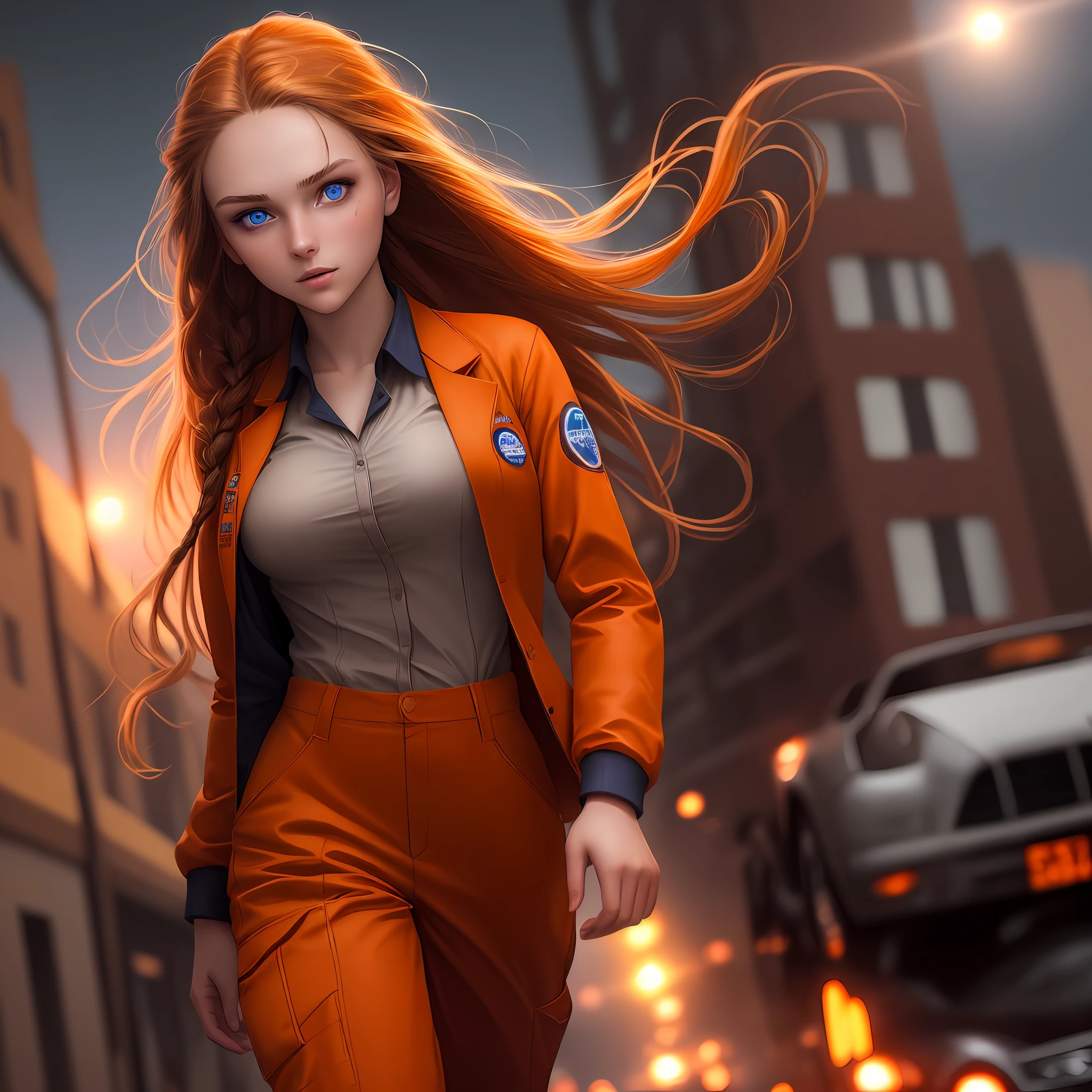 beautiful girl 20 years old with two long brown braids, in an orange mechanic suit, bright blue eyes, a detailed face, night background, dramatic lighting, dynamic angle, running zombies in the distance