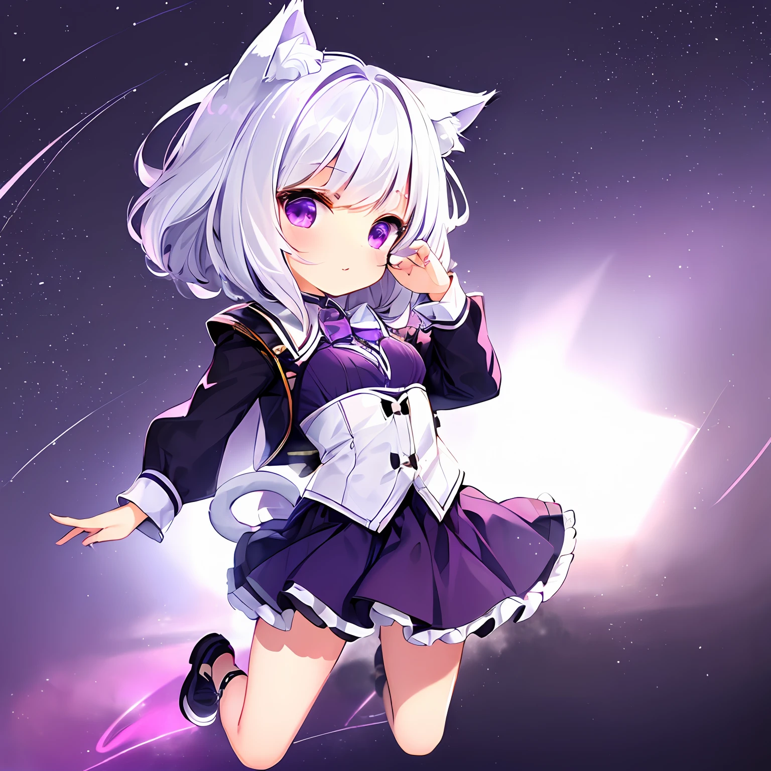 (very high quality, ((solo)), Chibi girl, catgirl, cat ears, short white hair:1.3+short silver hair, purple eyes).