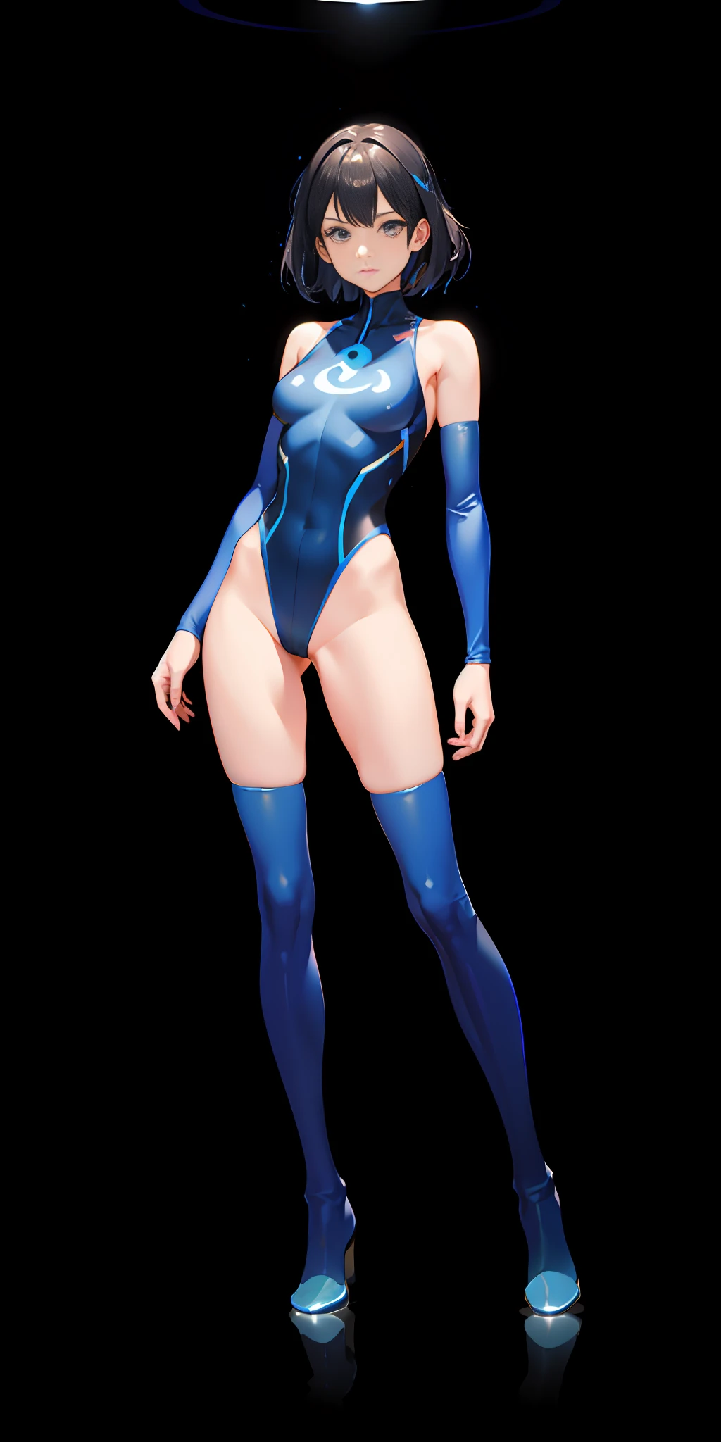 upper body, 1girl, superhero, leotard, bare legs, boots, matching boots, medium breasts, light particles, aura, blue aura, stand, standing, highleg, space backdrop,