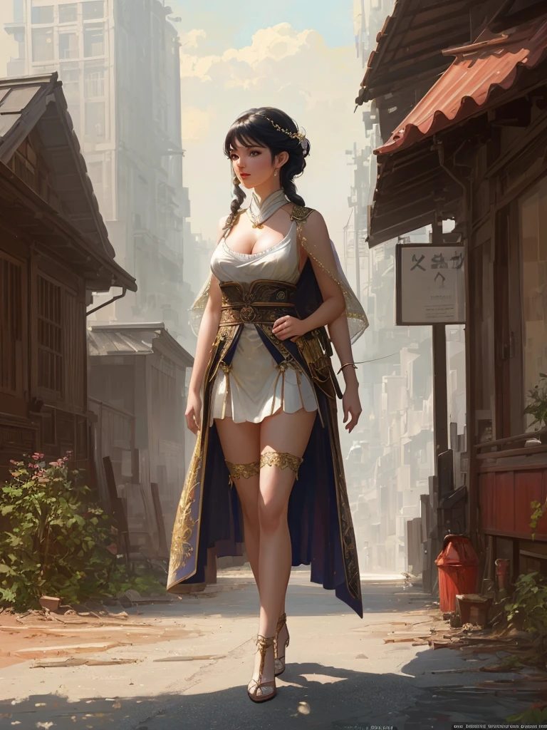 modelshoot style, (extremely detailed CG unity 8k wallpaper), full shot body photo of the most beautiful artwork in the world, stunningly beautiful photo realistic cute young lady in most urban outfit, big breast, professional majestic oil painting by Ed Blinkey, Atey Ghailan, Studio Ghibli, by Jeremy Mann, Greg Manchess, Antonio Moro, trending on ArtStation, trending on CGSociety, Intricate, High Detail, Sharp focus, dramatic, photorealistic painting art by midjourney and greg rutkowski