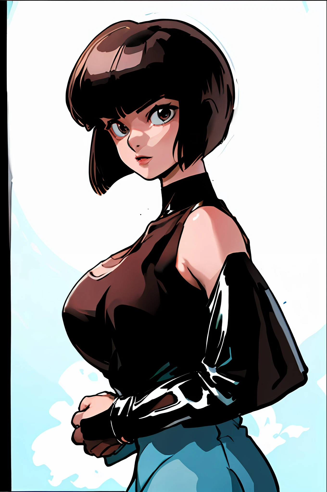 (masterpiece:1.2, best quality), 1lady, solo, upper body, huge breasts, (latex skin, selfie:1.15), (face focus:1.2), top view, white maxi dress, Museum, (black short hair), round earrings,