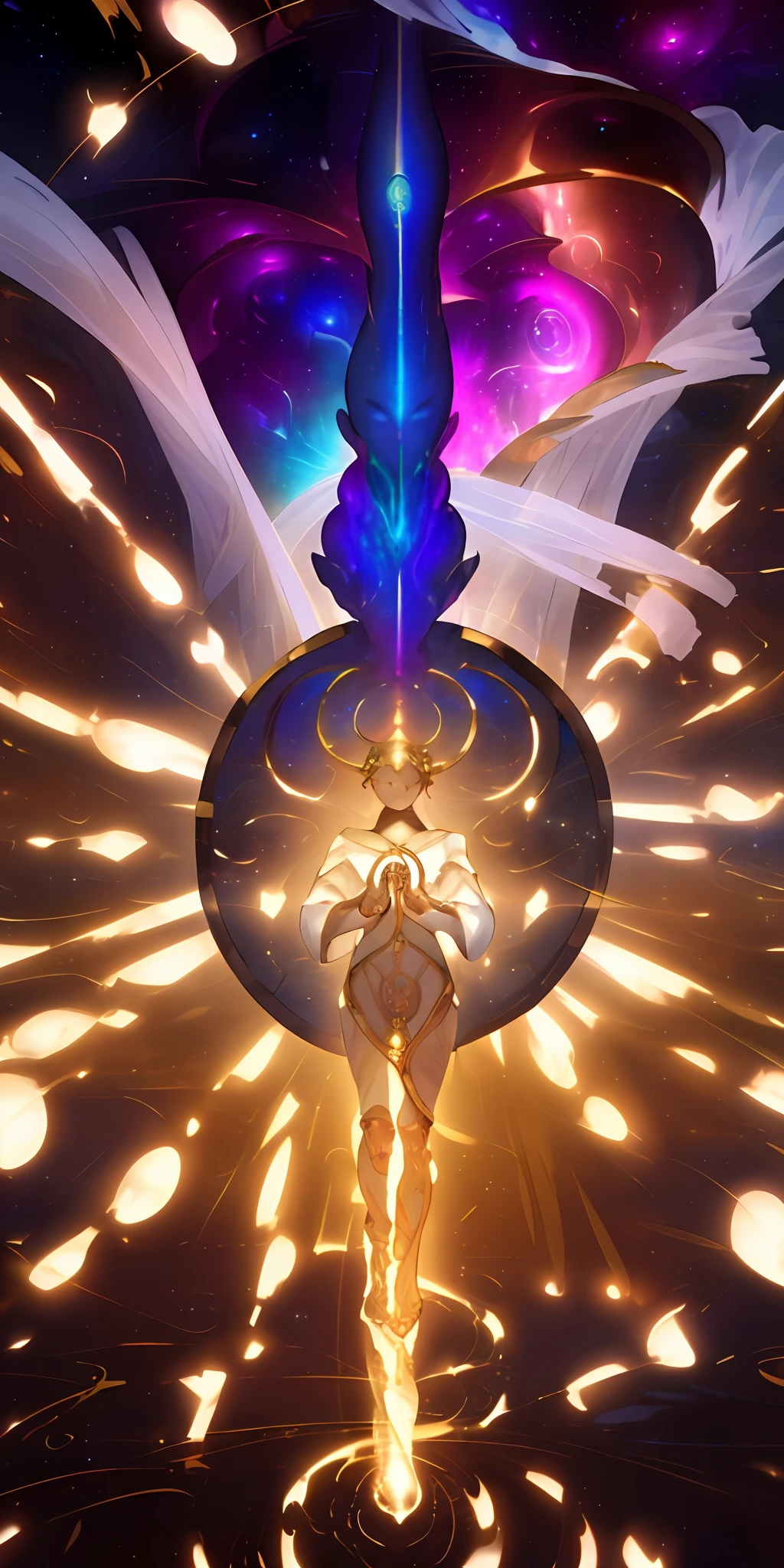 (masterpiece, best quality), Dressed in ethereal robes that mimic the hues of nebulas, the figure exudes a tranquil yet commanding presence. Their outstretched hand emanates a soft glow, manipulating the fabric of space itself, creating intricate and beautiful cosmic patterns. Surrounding them, celestial bodies orbit in perfect harmony, as if drawn to their divine influence. The space is filled with a profound stillness, interrupted only by the distant echoes of distant stars and the gentle hum of cosmic forces.