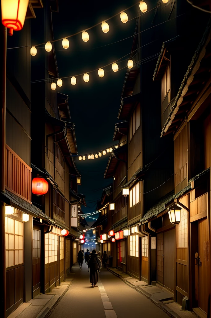 a dimly lit alley with neon signs and a person walking down the street, village streets in japan, village street, village alley, village streets at night, village street at night, village aesthetics, village night street, village aesthetic, village city street, village back alley, village art style, old village tokyo night, japanese street, village atmosphere, ghost of Tsushima vibes