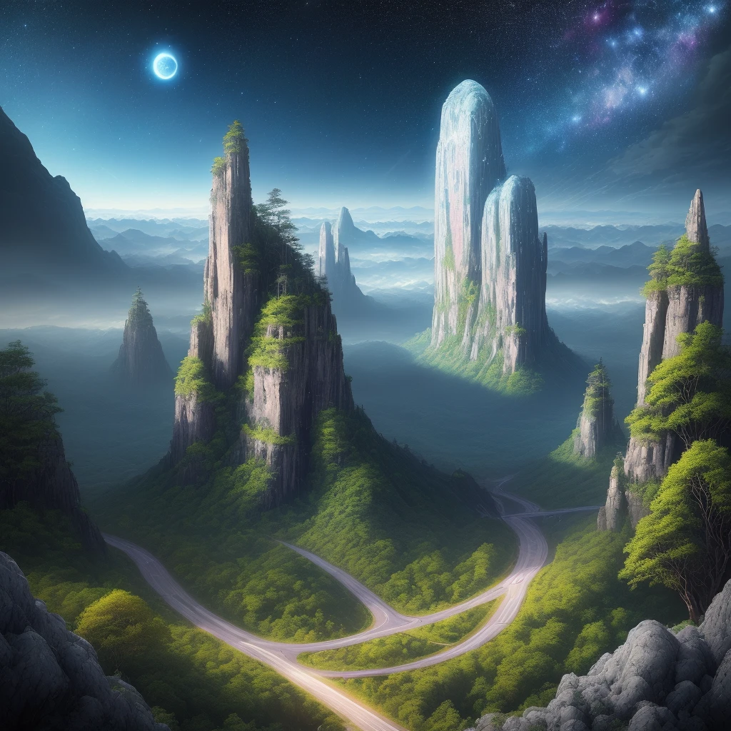 distant earth, hyper-detailed technical precision, light, dark, stars in the sky, wind breeze appearances, light rays, forests, trees, high resolution, high details, detailed colors, realistic and natural, HDR, blue sky hyperbright cycle, matte painting, artistic station scene, realistic surrealism, ultra wide angle, detailed textures, brazilian city with norwegian city with china city, high quality, lsd, dmt, 8k