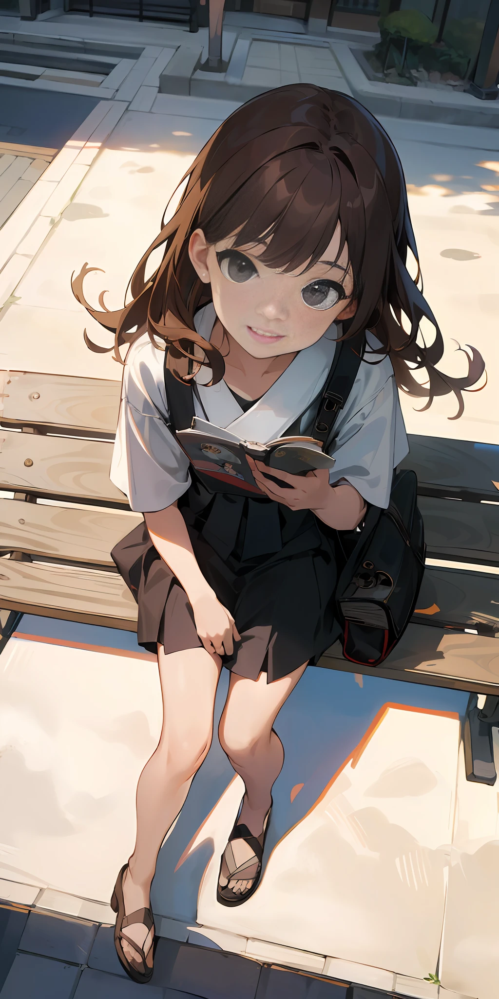 (8k, RAW photo, best quality, masterpiece: 1.2), high-definition RAW color photo, professional photo, (real, photoreal: 1.37), ((best quality)), 20-year-old woman, ((1 person) ), cinematic lights, (masterpiece: 1.5), (best quality: 1.2), (smile: 1), (looking at viewer: 1.2), hair, park bench, book, brown hair, early summer, one-handed Japan Angled from above with