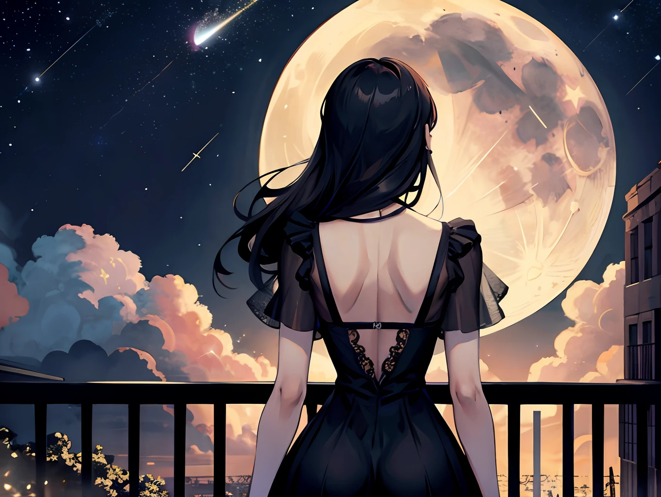 (masterpiece:1.2), 1milf, Standing on Balcony, room, upper body, back view, short dress, (night, meteor shower, star, moon, drak cloud),
