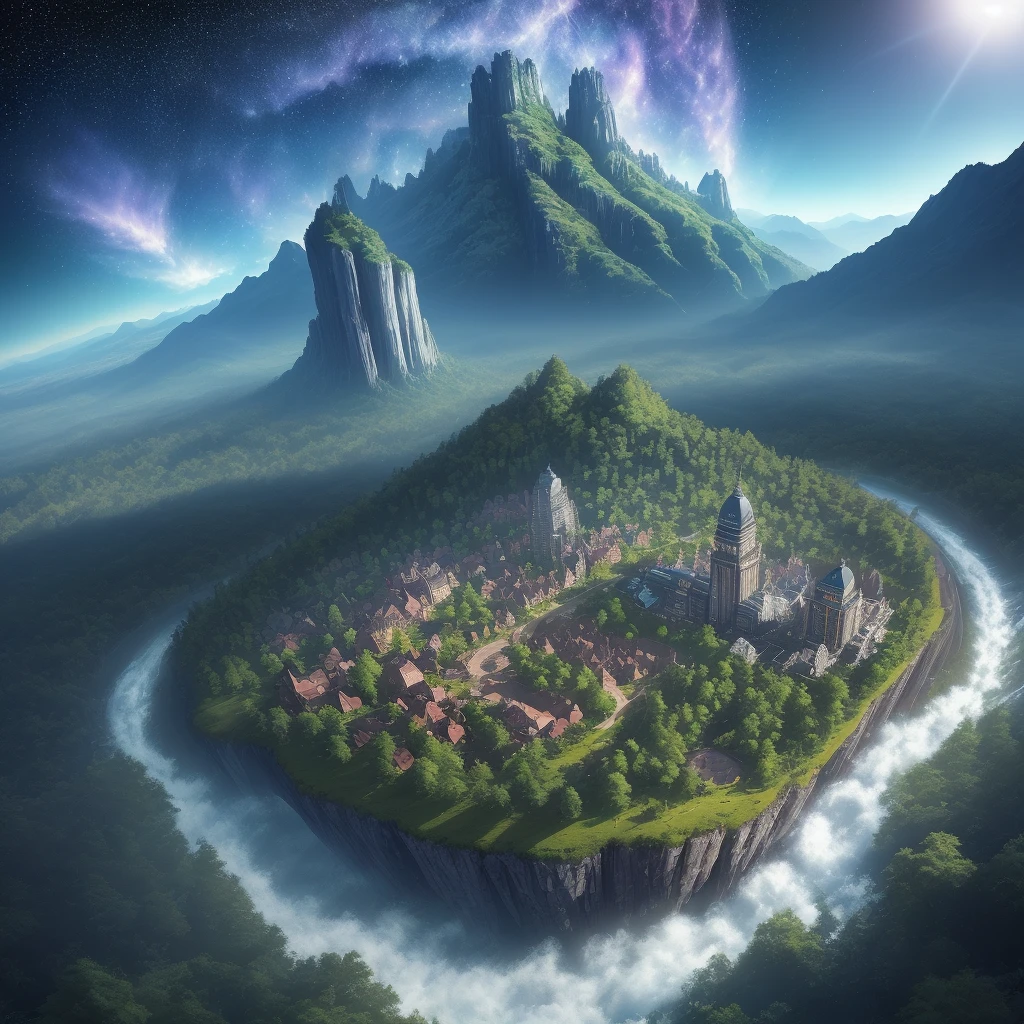 distant earth, hyper-detailed technical precision, light, dark, stars in the sky, wind breeze appearances, light rays, forests, trees, high resolution, high details, detailed colors, realistic and natural, HDR, blue sky hyperbright cycle, matte painting, artistic station scene, realistic surrealism, ultra wide angle, detailed textures, brazilian houses, norwegian houses, china houses, city, high quality, lsd, dmt, 8k