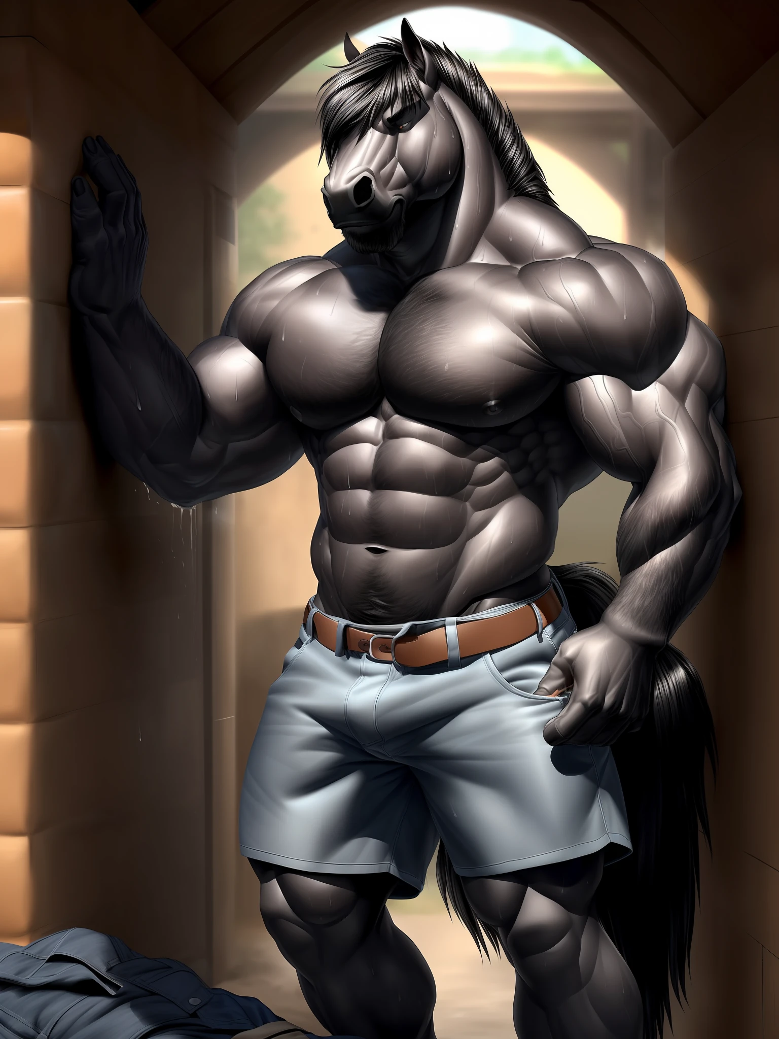 (A muscular, handsome anthro horse with a heavy build and grey fur stands before you. His darker snout and forearms contrast beautifully with his black mane. He gazes at you with a kind expression as he struggles under the weight of his overloaded cargo shorts, sweat pouring down his chest and soaking into the denim. He looks exhausted but determined to finish his task.)