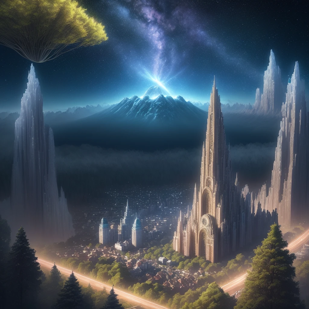 distant earth, hyper-detailed technical precision, light, dark, stars in the sky, wind breeze appearances, light rays, forests, trees, high resolution, high details, detailed colors, realistic and natural, HDR, blue sky hyperbright cycle, matte painting, artistic station scene, realistic surrealism, ultra wide angle, detailed textures, brazilian houses with norwegian houses and china houses, city, high quality, lsd, dmt, 8k