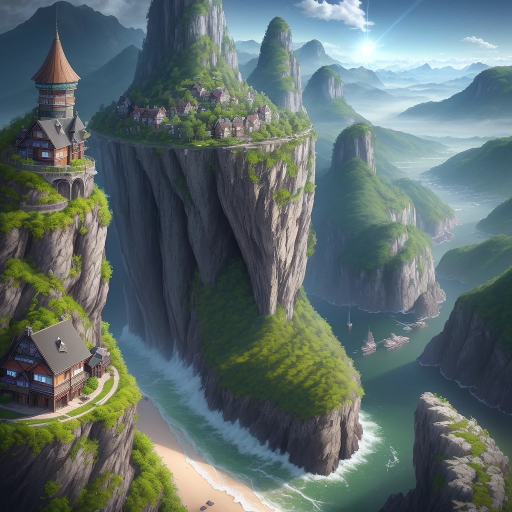 distant land, hyper-detailed technical precision, light, darkness, wind breeze appearances, light rays, forests, high resolution, high details, detailed colors, realistic and natural, HDR, blue sky, matte painting, artistic station scene, surrealism realistic, detailed textures, brazilian houses with norwegian houses and china houses, city, high quality, lsd, dmt, 8k