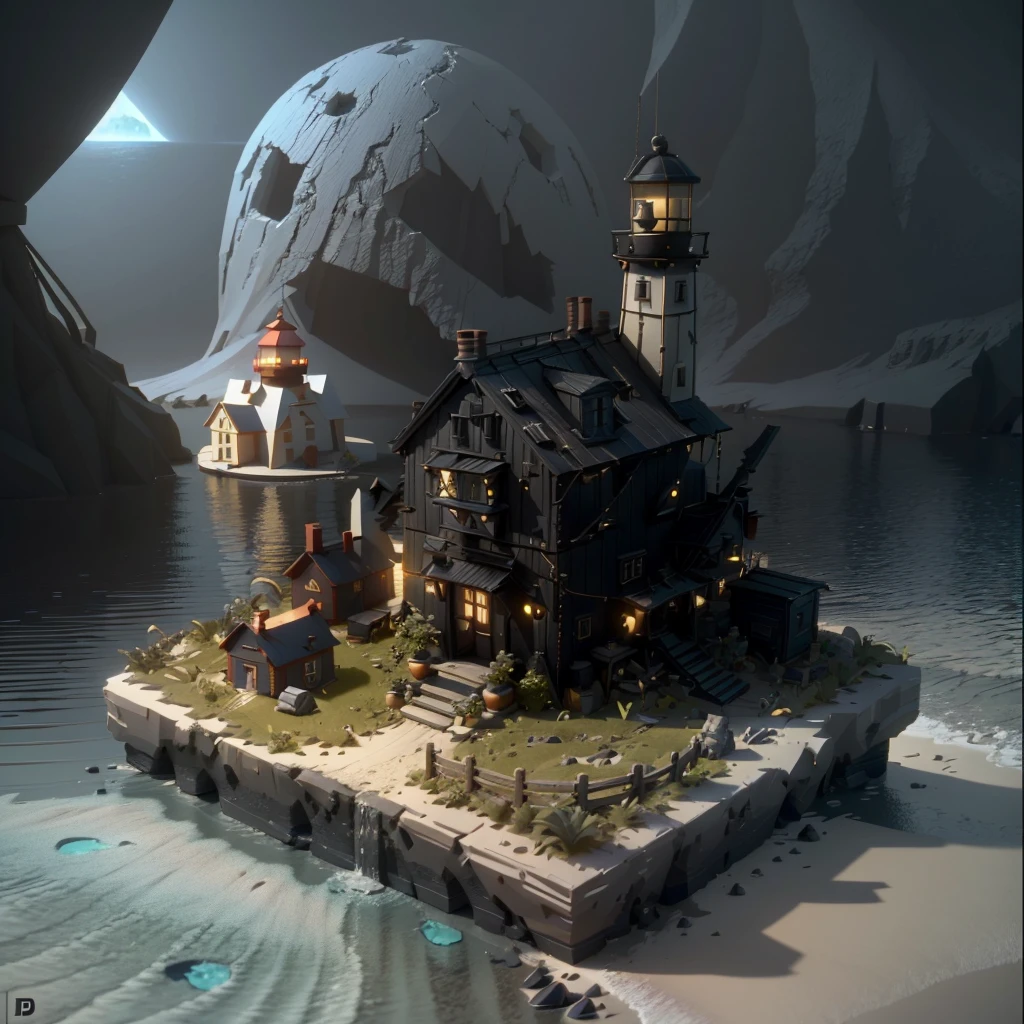 there is a small house on a small island with a lighthouse, stylized 3d render, 3 d render stylized, rolands zilvinskis 3d render art, stylized as a 3d render, polycount contest winner, in the art style of filip hodas, 3 d low poly render, 3d low poly render, daily render