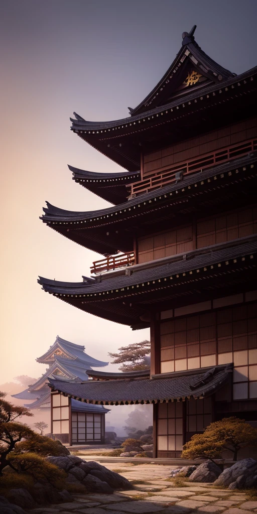 a beautiful artwork illustration, abandoned japanese feudal village at foggy sunset on a side of a rock, foggy, high contrast, vibrant colors, vivid colors, by Greg Rutkowski and Jesper Ejsing and Raymond Swanland trending on Artstation, cinematic, wide angle, landscape orientation, realistic, beautiful, close shot, Rendered in Unreal Engine 5