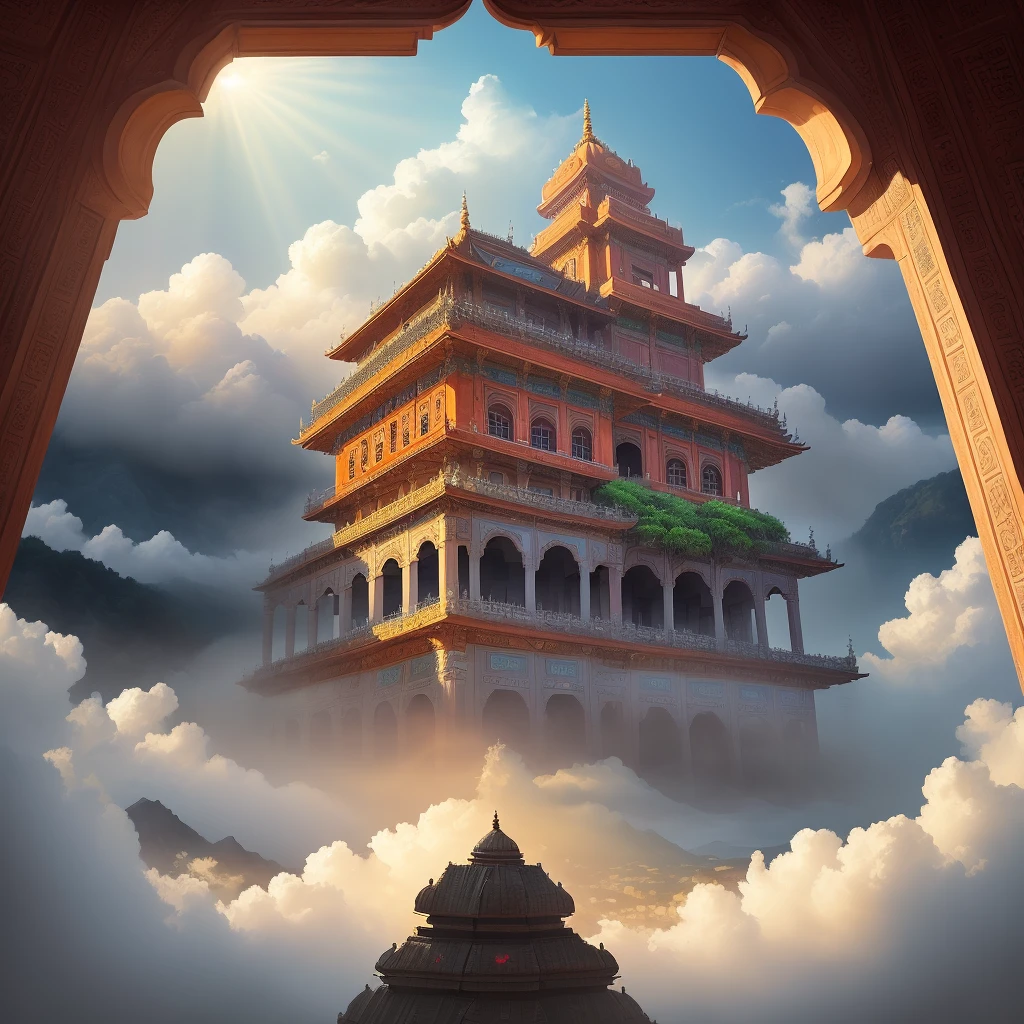 The game scene, the ancient Indian palace is located above the clouds, surrounded by clouds and mist, majestic, glazed tiles, temple, colorful rays of light, ((color ink)),((splash ink)),((splash ink}) ), masterpiece, high quality, exquisite graphics, high detail, realistic lighting, masterpieces,