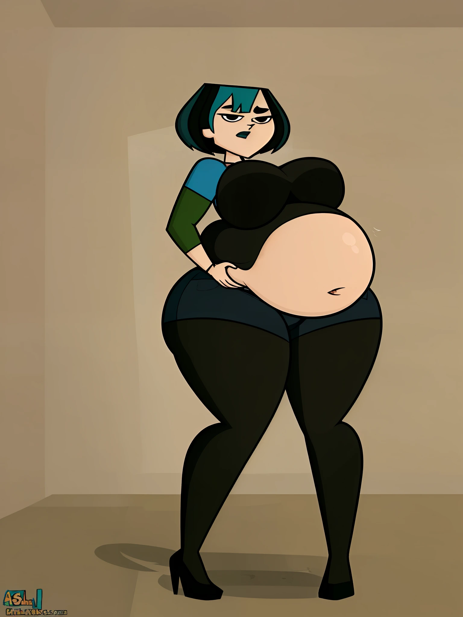 tdigwen, pornographic photoshoot,standing,best quality, masterpiece, art from total drama island, art by jaykuma,, 1girl, solo, art from total drama island, art by jaykuma, wide hips, massive thighs, colorful background, upper body, highly detailed, black thighs, detailed eyes, big booty, brown eyes, high resolution, distinct image,(tall:1.3), slevees, hot, detailed face,total drama island style, thick, HDR, HD, 8K,high resolution face, nose, round buttocks, normal proportions,(art by axel-rosered), (teal eyes:1.2), (detailed face),((((hyper belly:1.6)))), (ussbbw:1.5),((hyper breasts:1.6)), (bouncing belly:1.4),frightened, sleeves,tired, round buttocks, high heels, black thights, tight belly, dark brows,bbw, thick legs, tired, shorts,