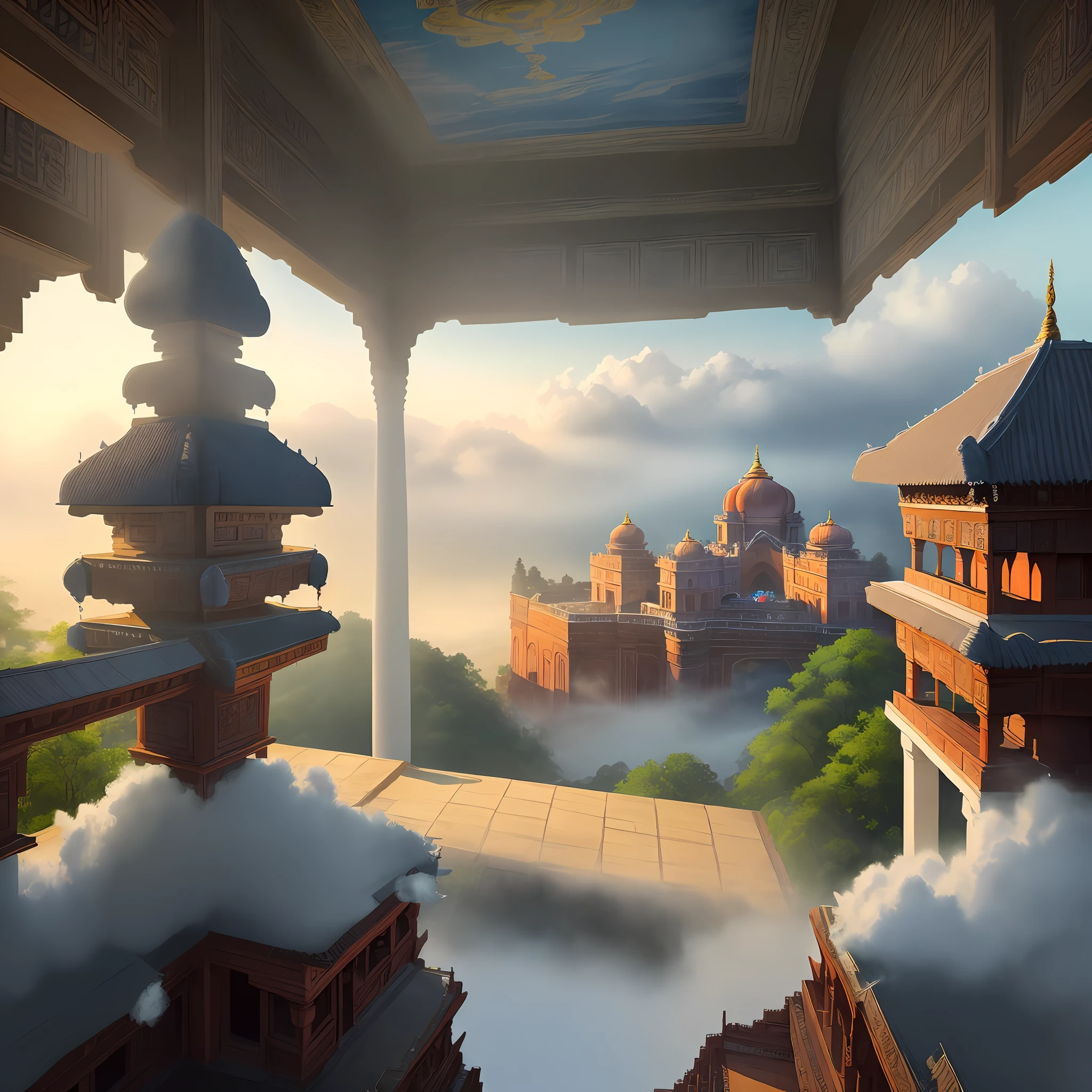 The game scene, the ancient Indian palace is located above the clouds, surrounded by clouds and mist, majestic, glazed tiles, temple, colorful rays of light, ((color ink)),((splash ink)),((splash ink}) ), masterpiece, high quality, exquisite graphics, high detail, realistic lighting, masterpieces,