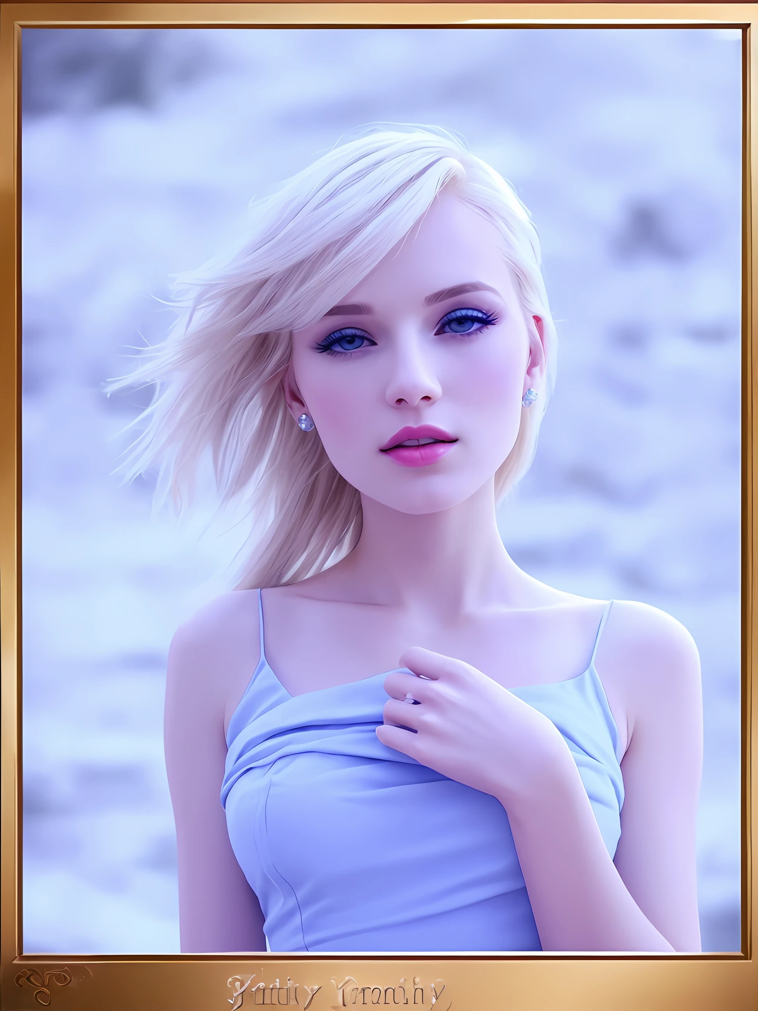 (Pretty blonde woman:1.2), (pale skin:1.1), (icy ambient:1.05), (light blue dress:1.1), (make up:1.05)