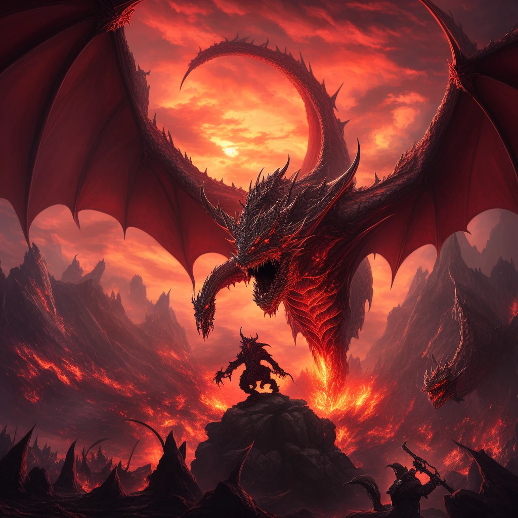 demonic dragon attacking a man in a battle with flames, epic fantasy artwork, epic fantasy illustration, battle with dragon, dungeon and dragons art, epic dragon, colossal dragon in background, dragon in the background, epic fantasy art, d & d fantasy digital art, epic fantasy game art, the devil in hell as a dragon, 4k fantasy art