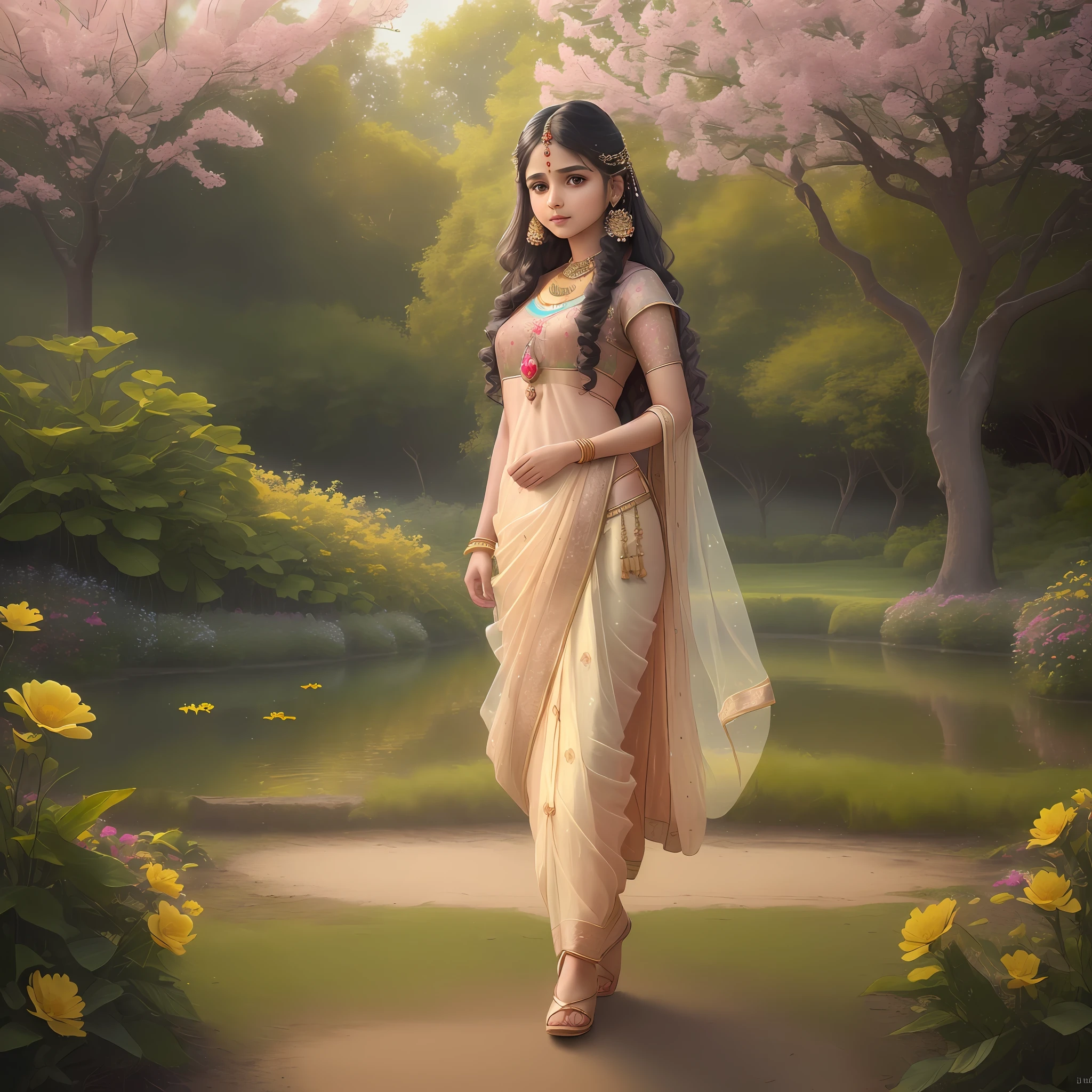 (8k, RAW photo, best quality, masterpiece:1.2), (realistic, photo-realistic:1.37),1 girl, cute, India dress, saree, (solo),detailed face, round face,long hair, slender, petite, gold jewellery, standing in flowers garden ((background of Royale Indian Palace)),