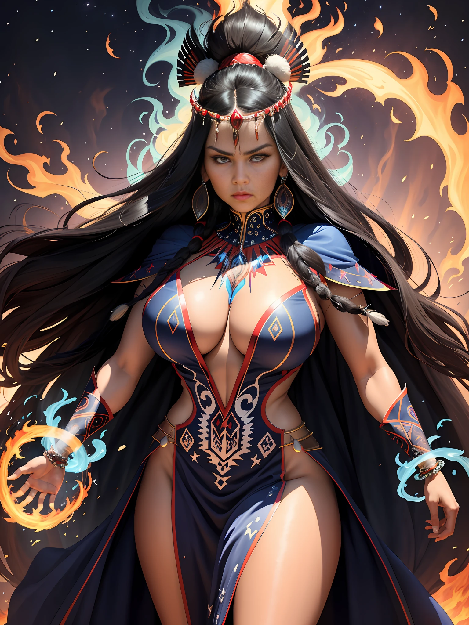 An intensely powerful Native American woman stands tall in her traditional gown, a majestic and imposing figure. Her head is adorned with intricate beadwork and feathers, a symbol of her connection to the spiritual world. Suddenly, blue flames begin to swirl around her, engulfing her in their otherworldly light. As the flames intensify, she transforms into the legendary Ghost Rider, a being of immense power and unstoppable fury.
