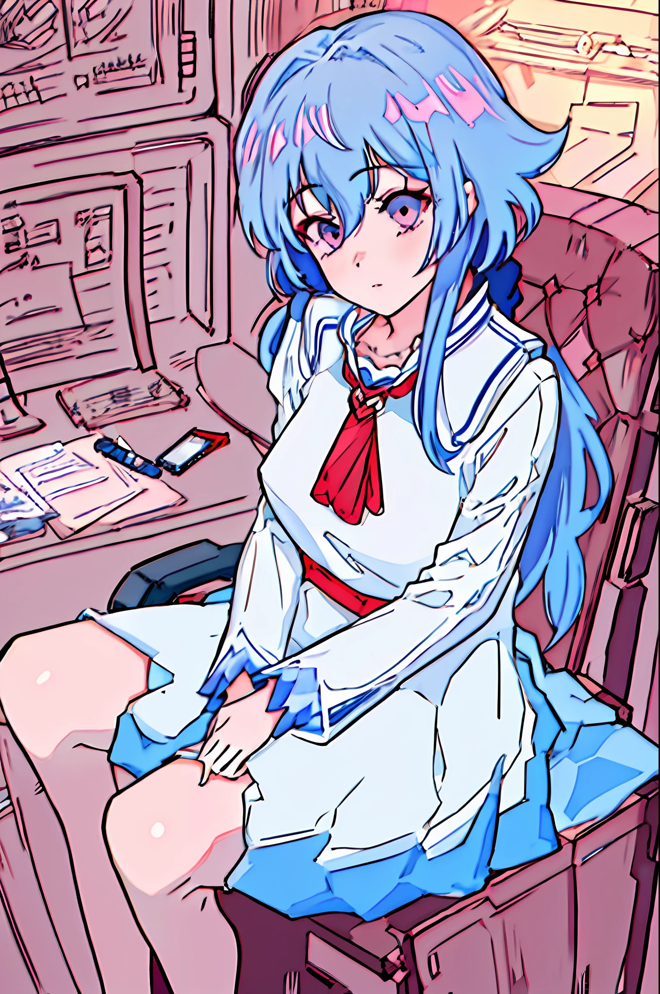 (masterpiece, ultra-quality, finely detailed, beautiful, illistration, art, anime), 1girl, solo, Ganyu Genshin Impact, wearing a office lady outfit, (inside a office, sitting down, next to a desk), typing, focused on computer