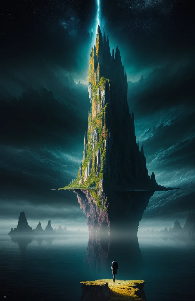 ((best quality)), ((masterpiece)), edge of chaos, person standing alone in a miraculous surreal landscape, floating islands, unbelievable fantastical creatures, masterpiece quality, mysteries of universe, magical phenomenon, ultra detailed, composition, scale, perspective, scenery, light, color, texture, beauty, wonder, 8k, official art