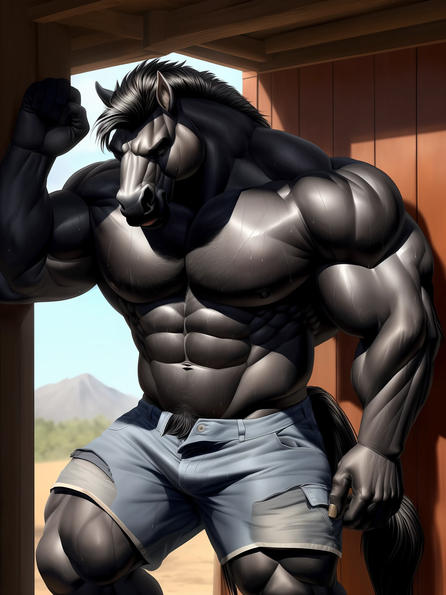 (A muscular, handsome anthro horse with a heavy build and grey fur stands before you. His darker snout and forearms contrast beautifully with his black mane. He gazes at you with a kind expression as he struggles under the weight of his overloaded cargo shorts, sweat pouring down his chest and soaking into the denim. He looks exhausted but determined to finish his task.)