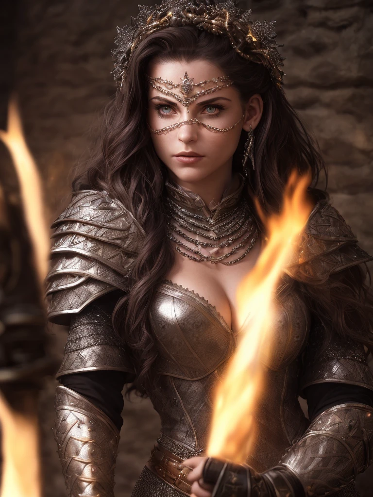 (Highest quality:1.3), cinematic shot, masterpiece, (sharp focus:1.5), (photorealistic:1.3), medium portrait of (1girl, sexy, now the leader of her village, old viking tattoo on face dressed in elaborately detailed chain mail and leather armour, a few torches burn on the walls, giving the scene a dark atmosphere but sculpting the forms in sharp chiaroscuro), it is night time, (highly detailed skin), (detailed face), detailed background, dark lighting, twilight lighting, volumetric lighting, intricate details, UHD,