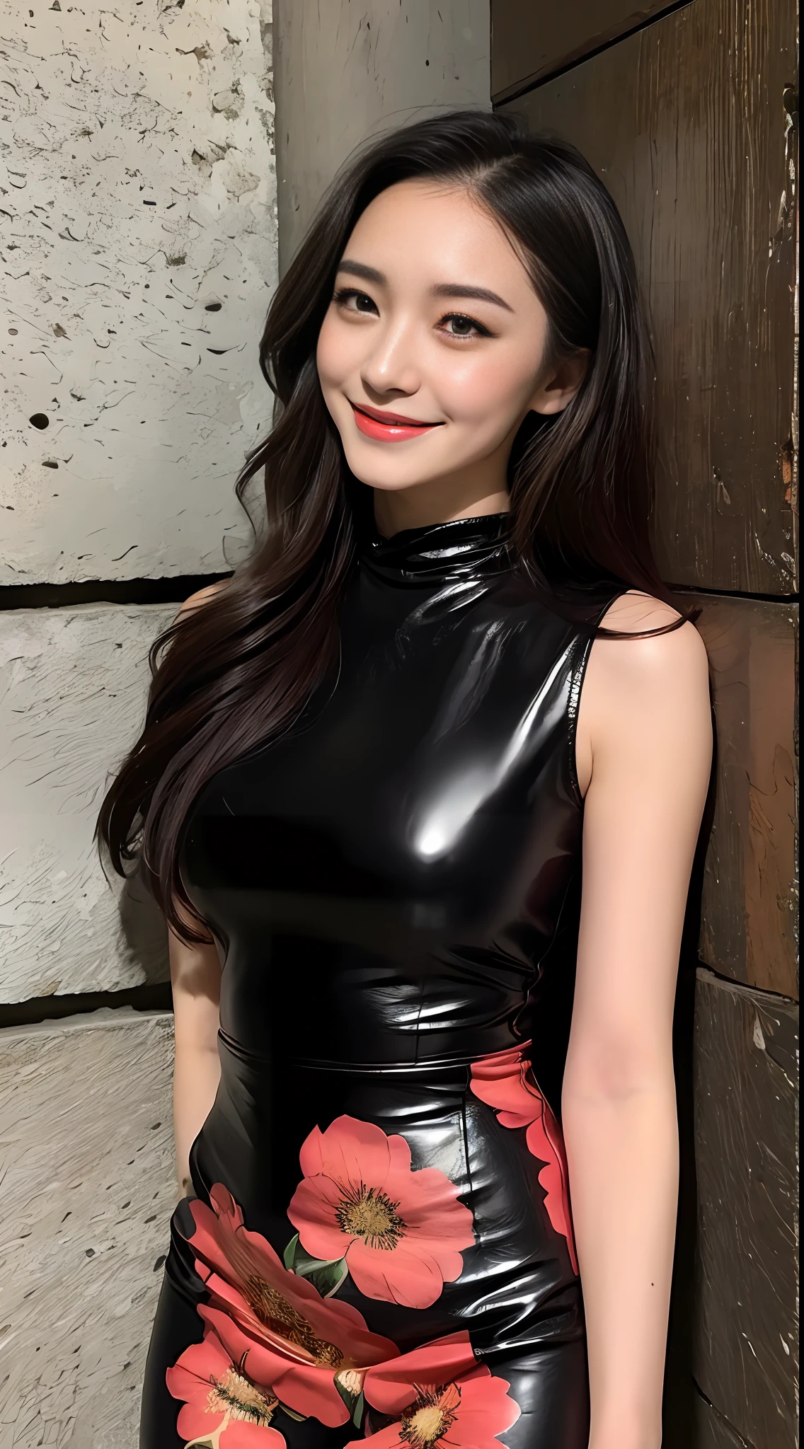 Beautiful woman, calm, confident, leaning against wall, wearing floral dress, sexy and slim, city night view illuminated her face, sparkling eyes, smiling, feminist t-shirt, skinny, small red lips, sharp eyebrows, eye-catching Unique facial features, strong artistic style, tight leather pants, tough and confident, absolutely domineering, top-notch CG rendering, detailed facial description, decadent rebellion, stable expression, single player, 1080p.