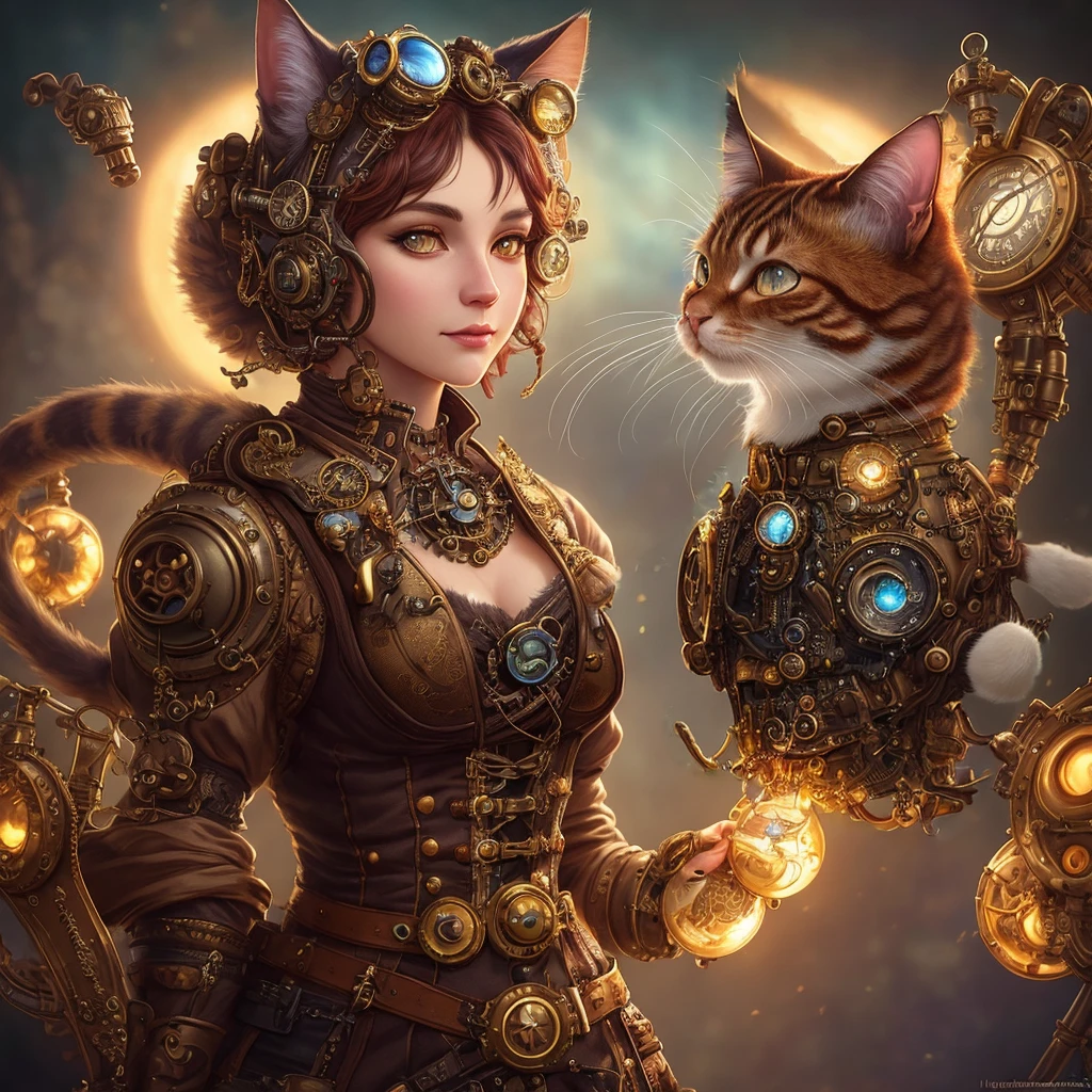 whimsical detailed steampunk ginger cat, bold colors, contrast, intricate fantasy extremely hyperdetailed, studio photography, backlight, oil painting, octane render, hyperrealistic, 8K, Hasselblad, ornately detailed, pretty face, photorealistic, octane render, Artgerm, WLOP, tom bagshaw, magali villenueve
