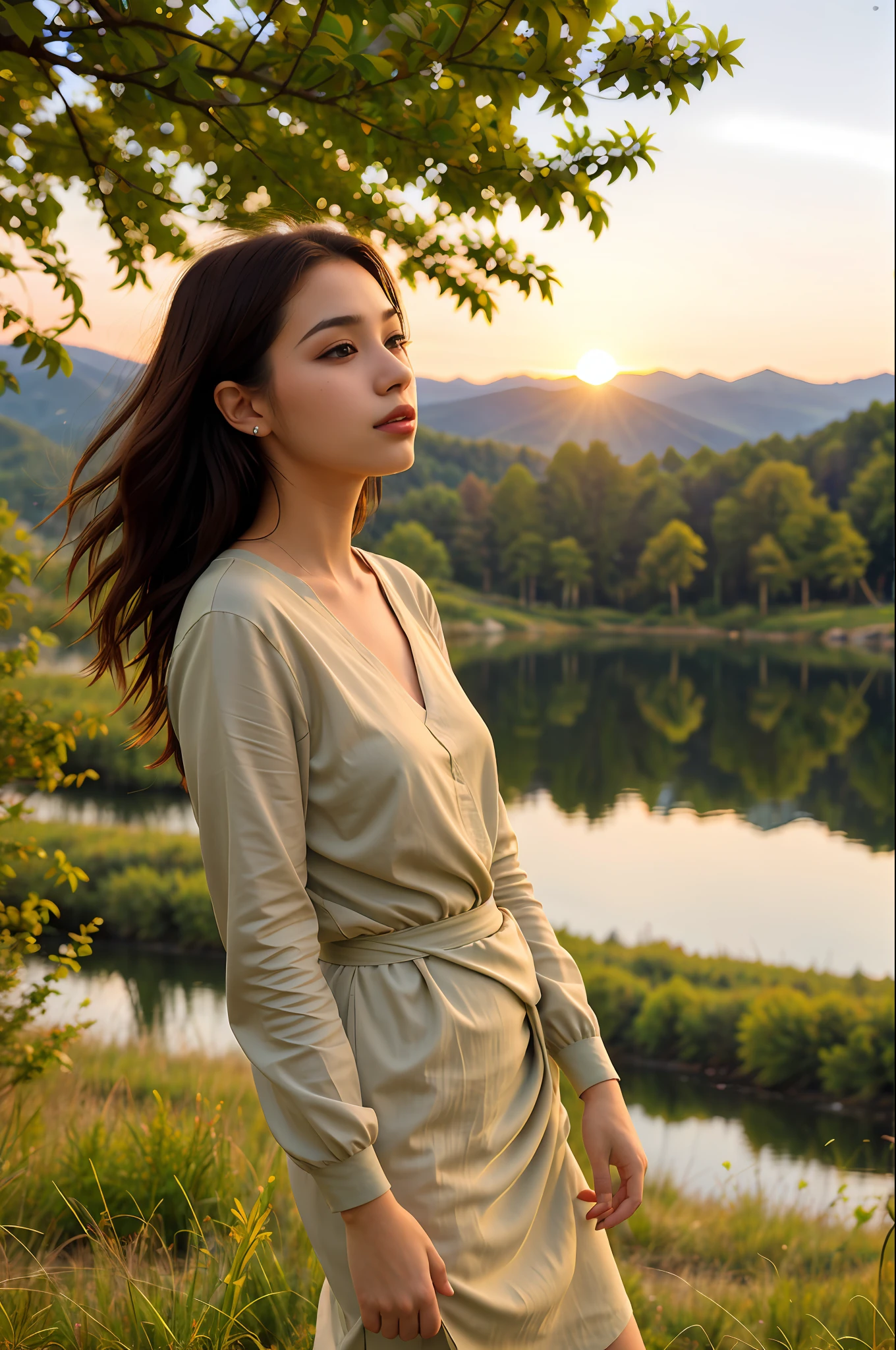 young woman dressed in a tunic in a meadow. She is admiring a landscape of green mountains and a serene lake. The soft lighting of the sunset and the clear sky convey tranquility and nostalgia.