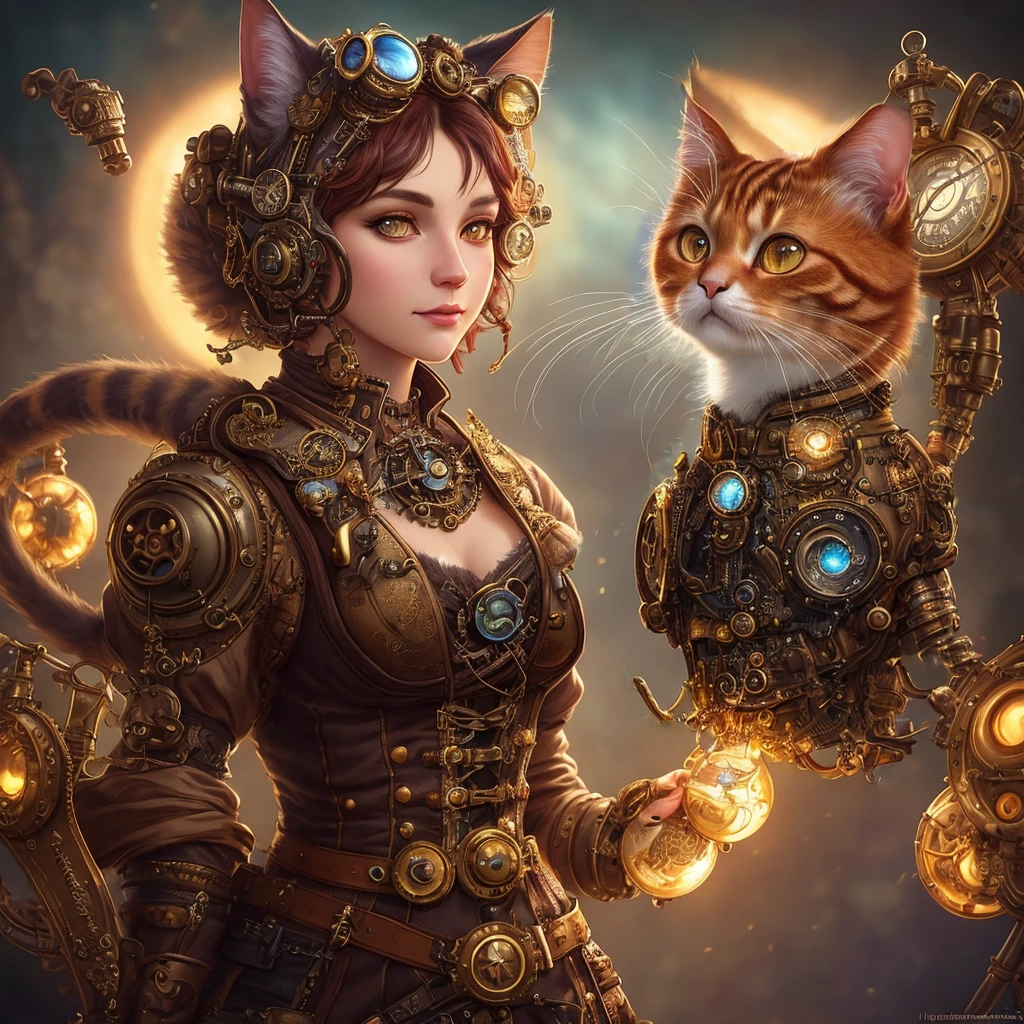 whimsical detailed steampunk ginger cat, bold colors, contrast, intricate fantasy extremely hyperdetailed, studio photography, backlight, oil painting, octane render, hyperrealistic, 8K, Hasselblad, ornately detailed, pretty face, photorealistic, octane render, Artgerm, WLOP, tom bagshaw, magali villenueve