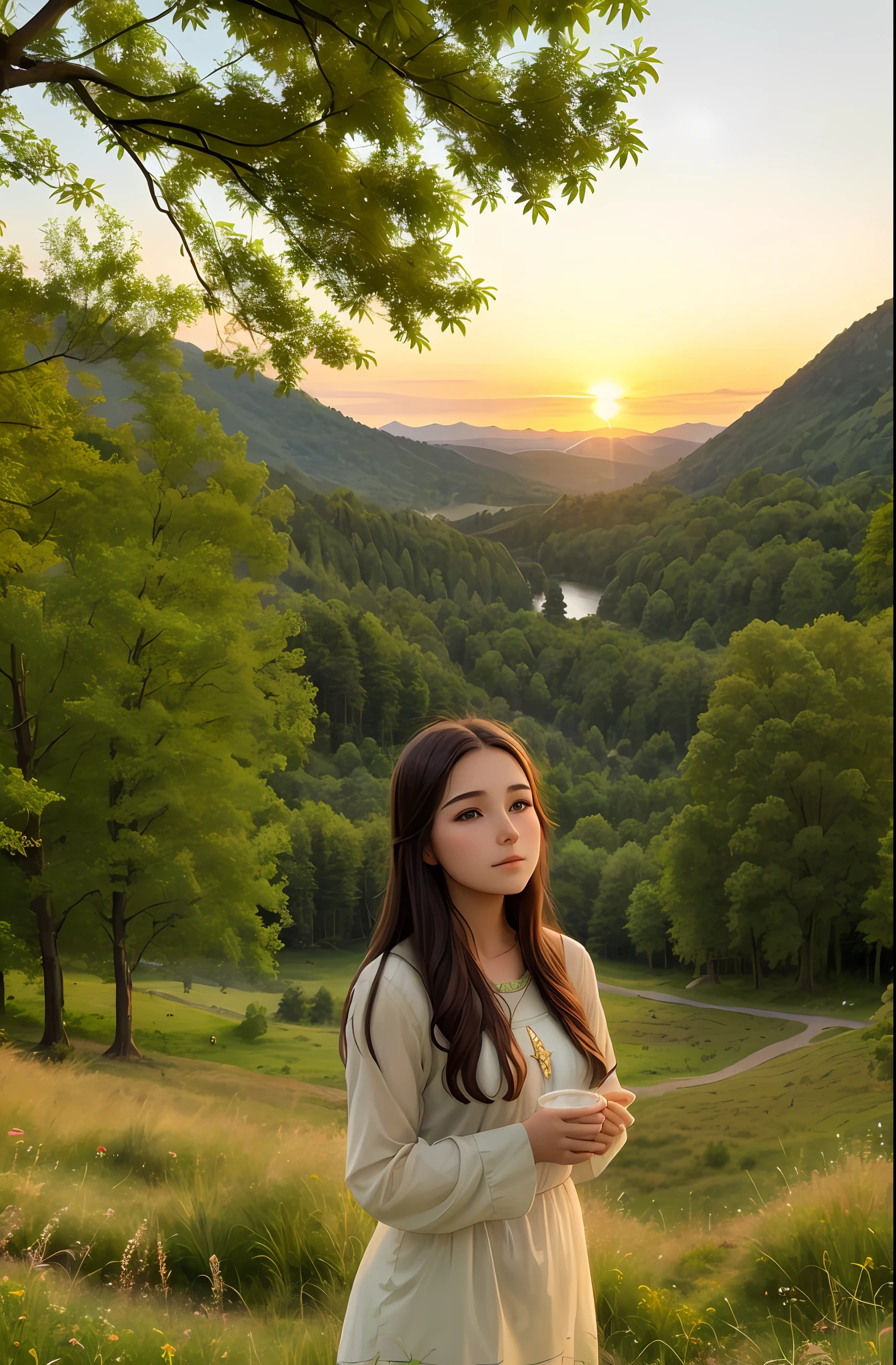 young woman dressed in a tunic in a meadow. She is admiring a landscape of green mountains and a serene lake. The soft lighting of the sunset and the clear sky convey tranquility and nostalgia.