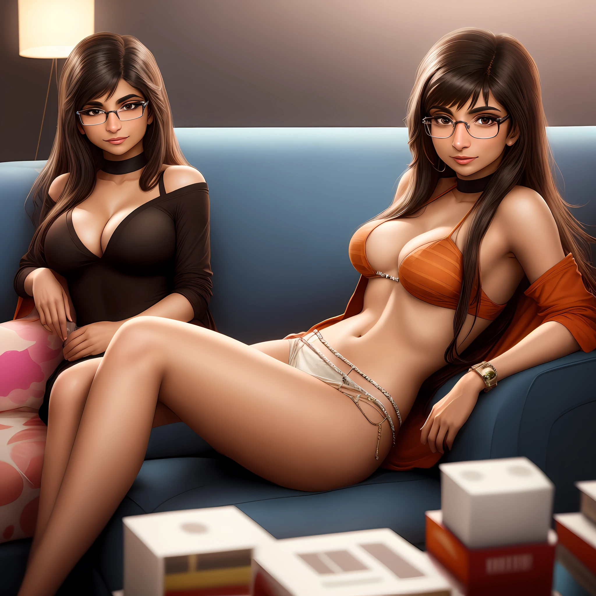 Mia Khalifa on set, sitting on a sofa