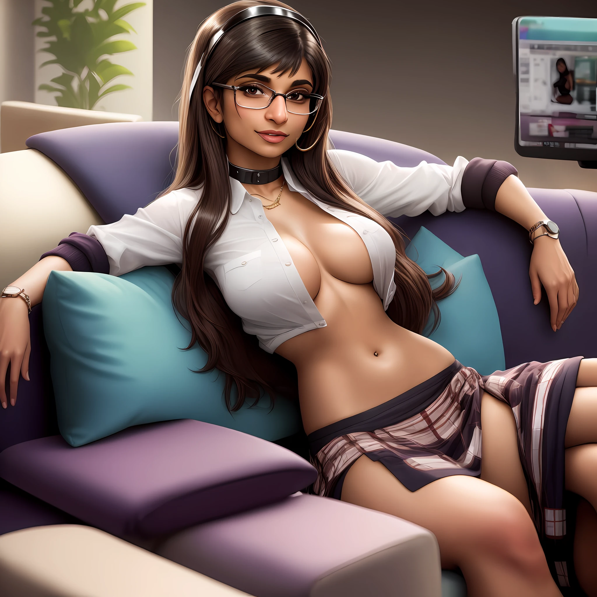 Mia Khalifa on set, sitting on a sofa