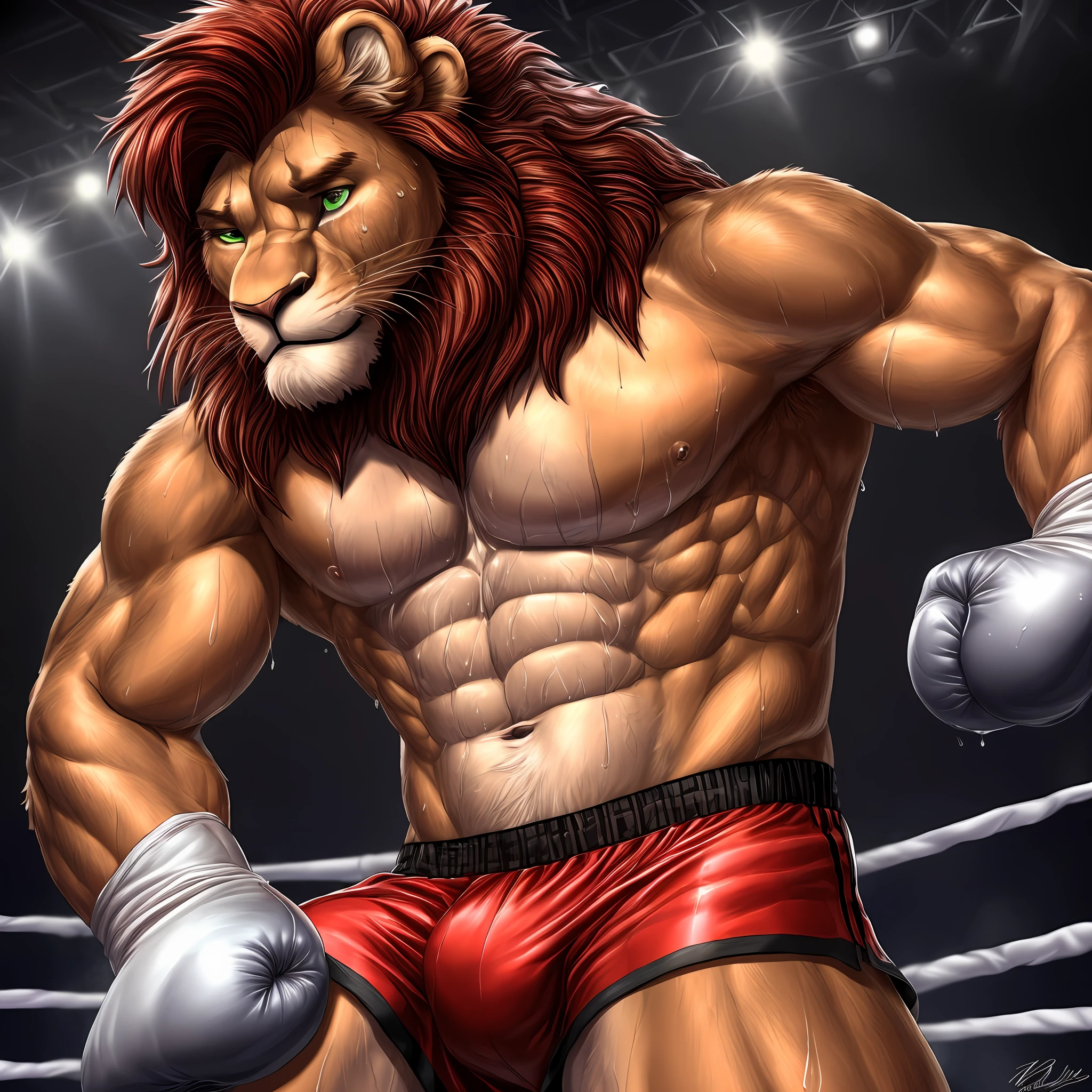 (an extremely detailed and realistic CG depiction of an) exhausted and beautiful (anthro male lion), tangerine fur, brighter on chest and belly, darker crimson mane, green eyes,, perfect anatomy, athletic build, collapsed in the boxing ring, sweat dripping, sweat drops, (shirtless with visible abs and muscular arms) (wearing boxing shorts and gloves), bruises, (capturing the essence of a solo moment).