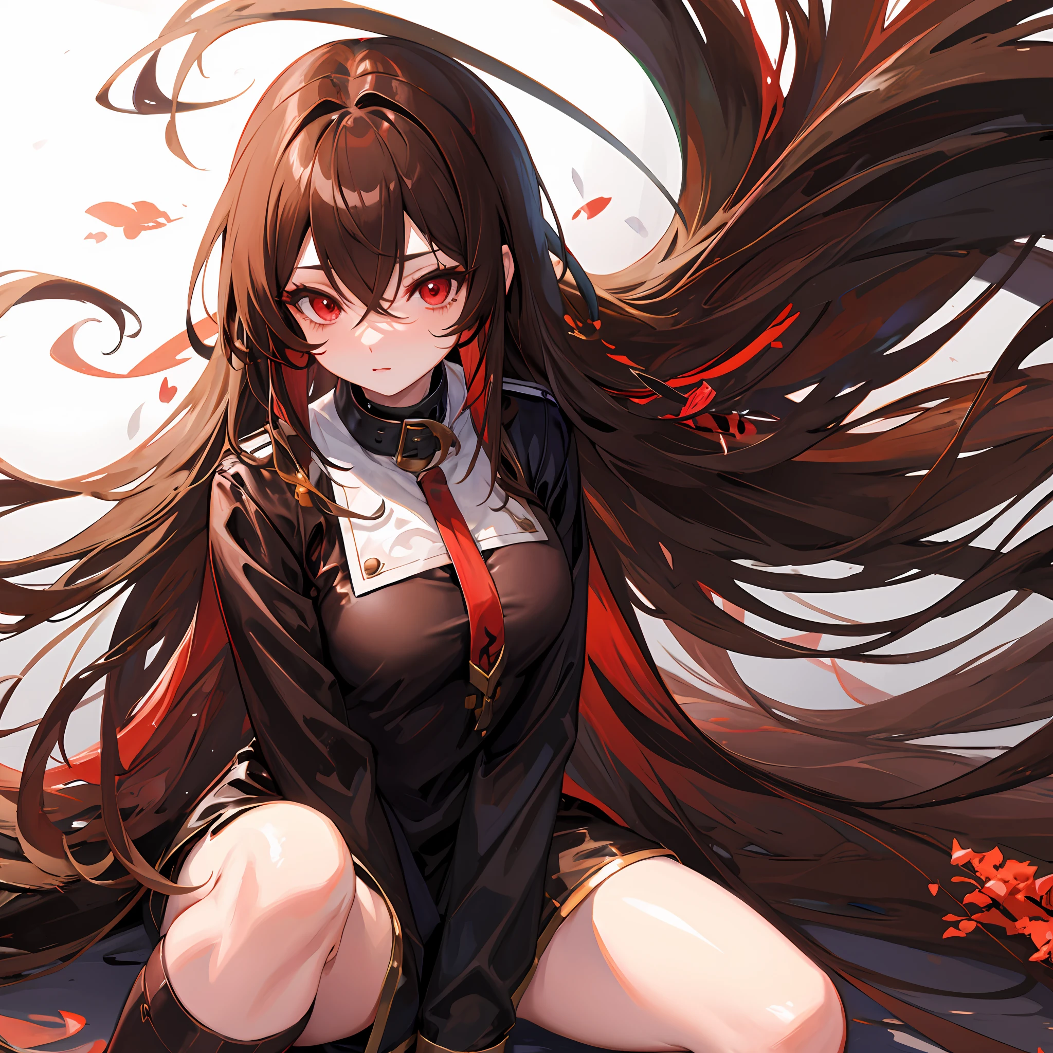 Naughty anime girl brown-brick long hair leather clothes red eyes pine forest beautiful good quality top view