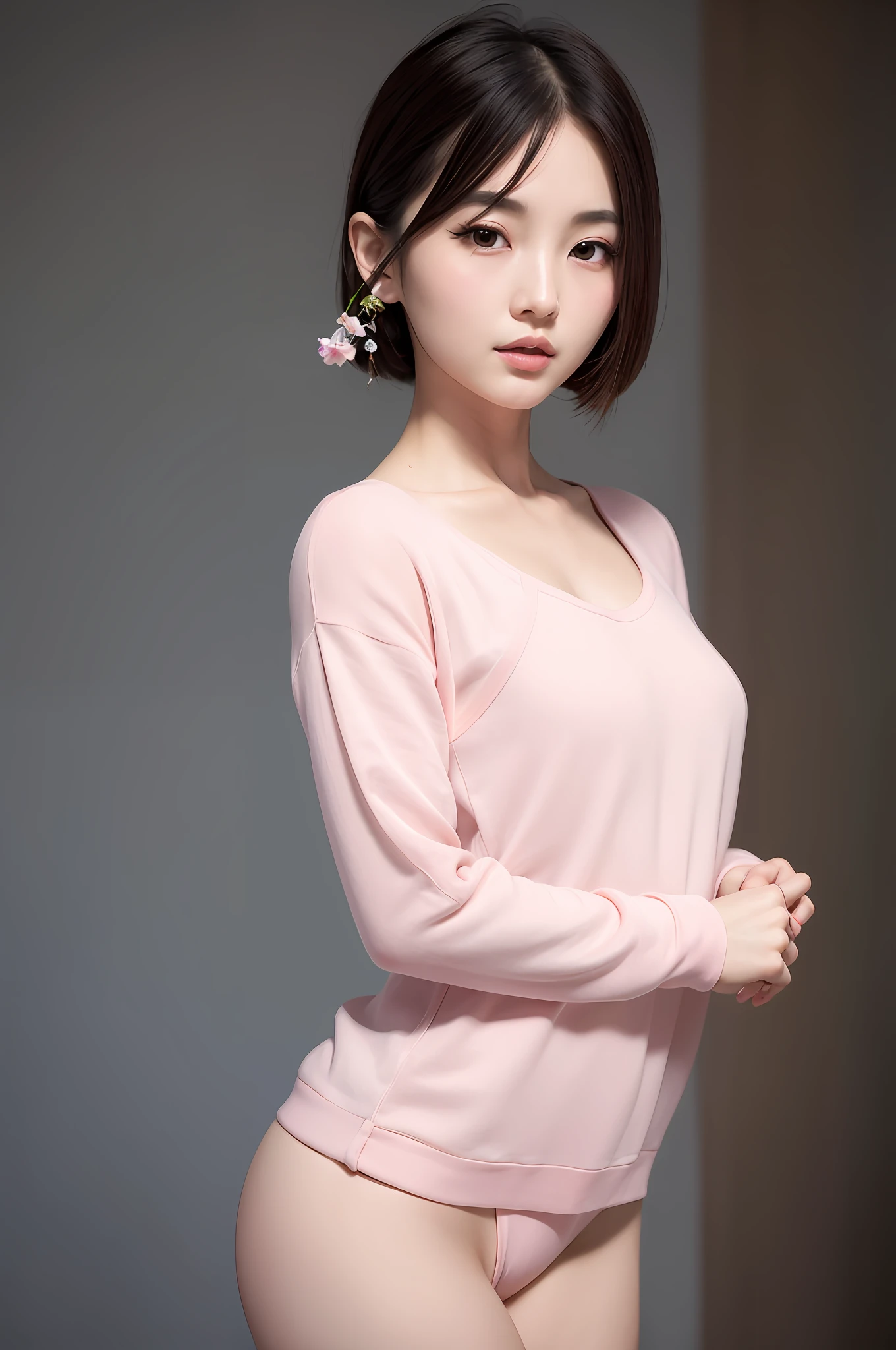 Gentle and charming Chinese beautiful woman, half body photo, delicate and sexy collarbone, charming oval face, double eyelids, smart peach blossom eyes, pink lips, small upturned nose, bare shoulders, focused face, face close-up, ultra-high-definition, Super detailed and standing elegantly, this appliquéd cotton-jersey sweatshirt is crafted from a mid-weight cotton-jersey with a small appliqué on the chest and has a loose, slouchy silhouette. Wear it with jeans.