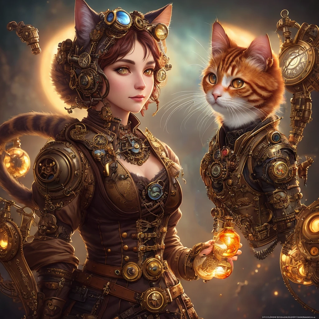 whimsical detailed steampunk ginger cat, bold colors, contrast, intricate fantasy extremely hyperdetailed, studio photography, backlight, oil painting, octane render, hyperrealistic, 8K, Hasselblad, ornately detailed, pretty face, photorealistic, octane render, Artgerm, WLOP, tom bagshaw, magali villenueve